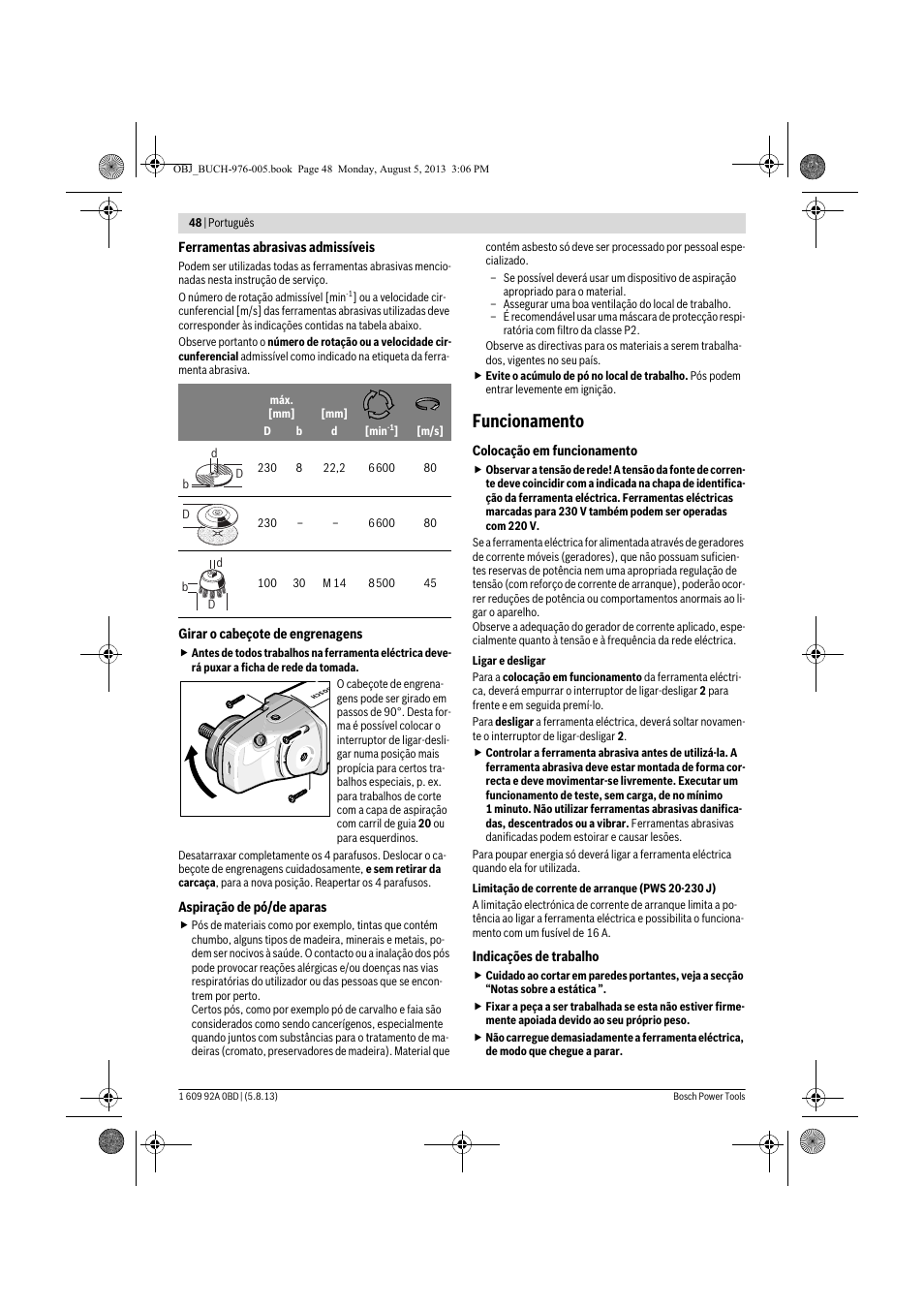 Funcionamento | Bosch PWS 20-230 J User Manual | Page 48 / 267