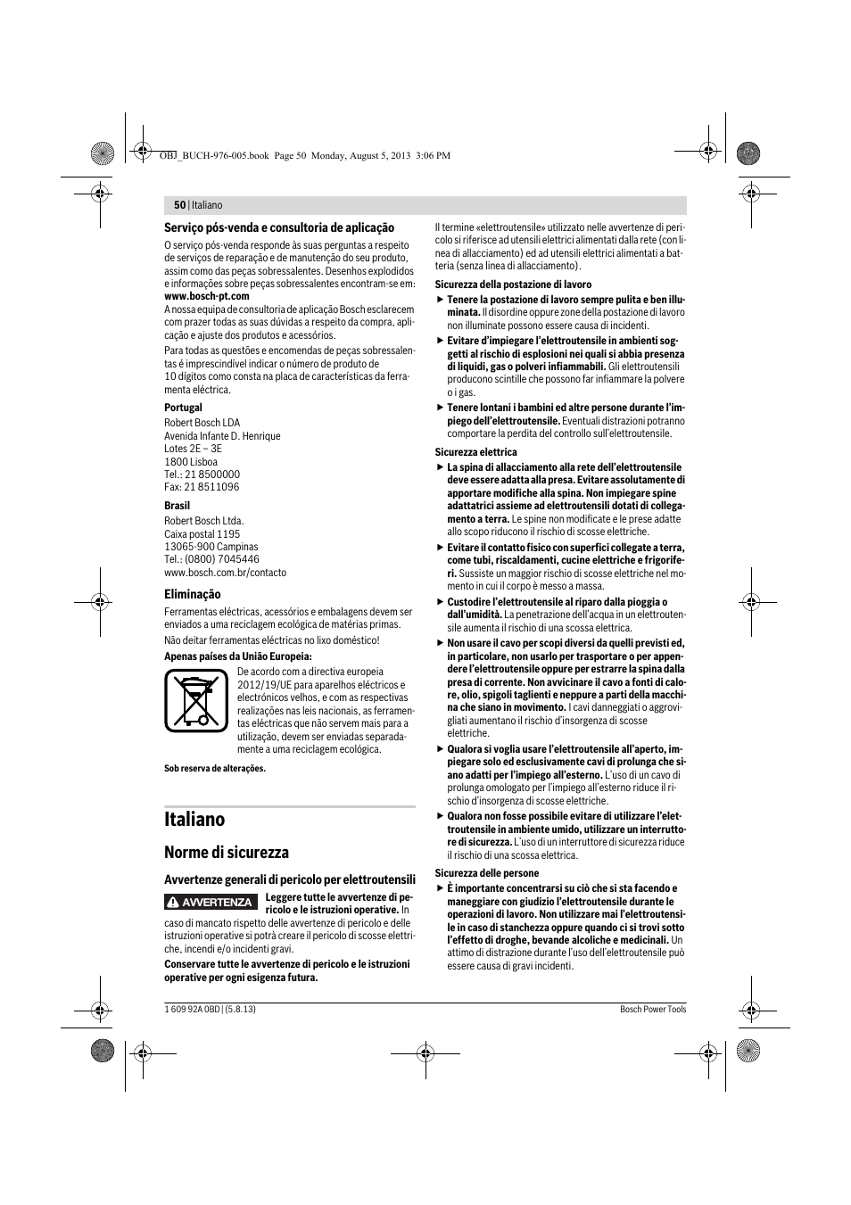 Italiano, Norme di sicurezza | Bosch PWS 20-230 J User Manual | Page 50 / 267