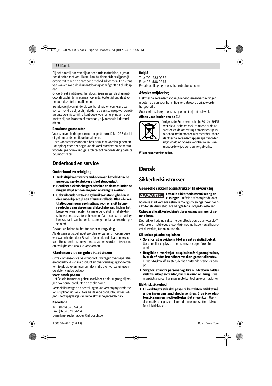 Dansk, Onderhoud en service, Sikkerhedsinstrukser | Bosch PWS 20-230 J User Manual | Page 68 / 267