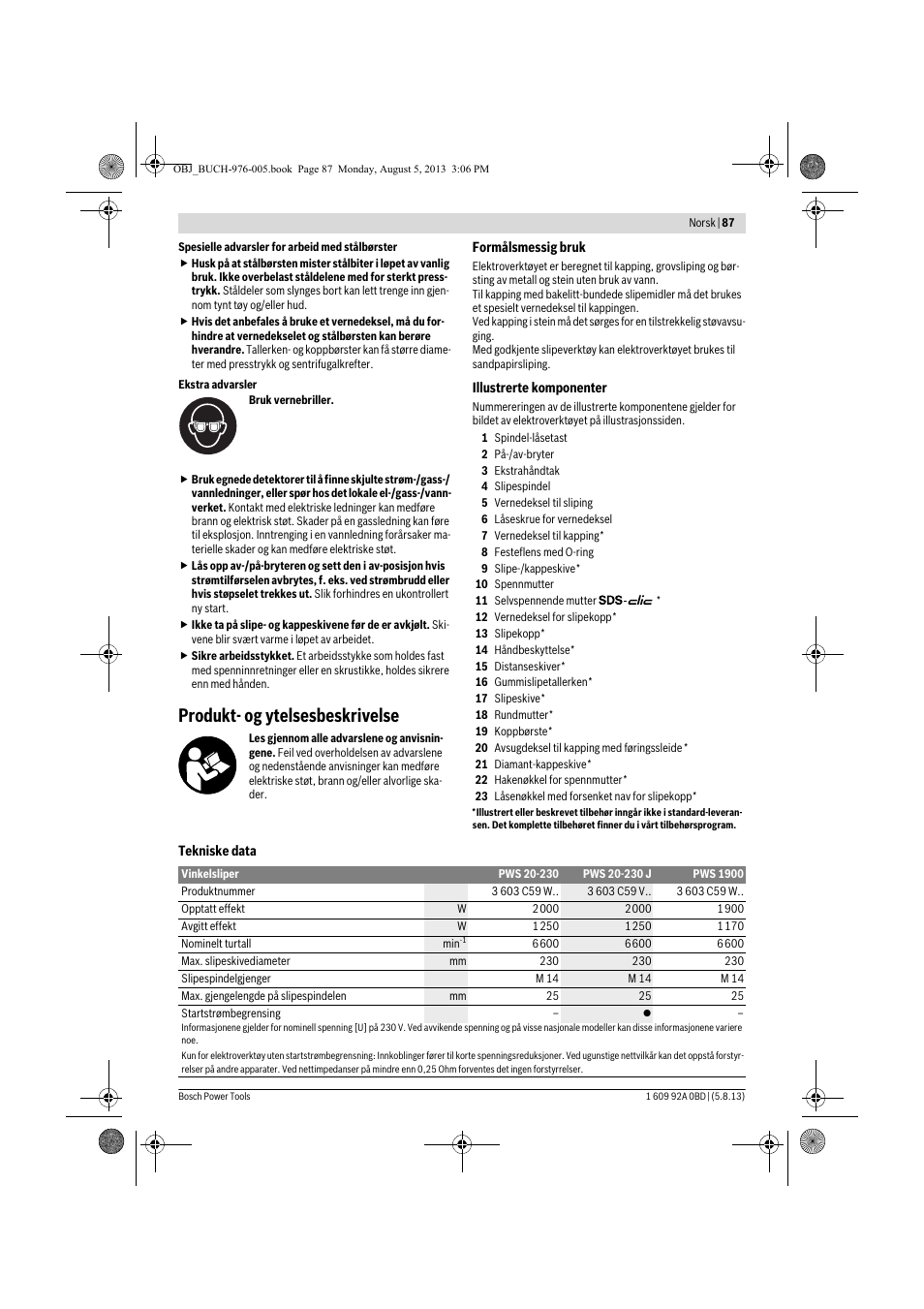 Produkt- og ytelsesbeskrivelse | Bosch PWS 20-230 J User Manual | Page 87 / 267