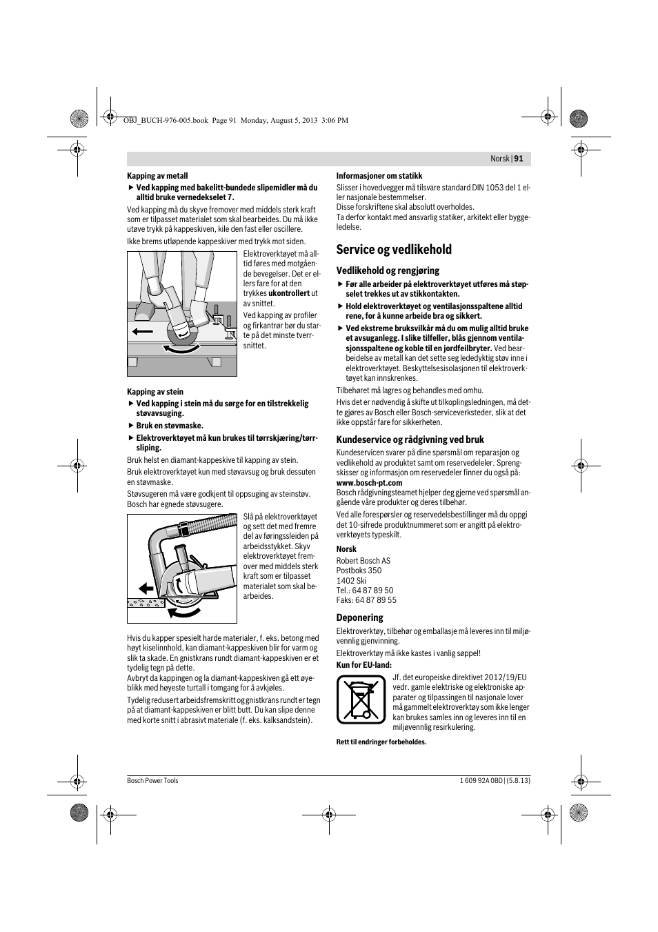 Service og vedlikehold | Bosch PWS 20-230 J User Manual | Page 91 / 267