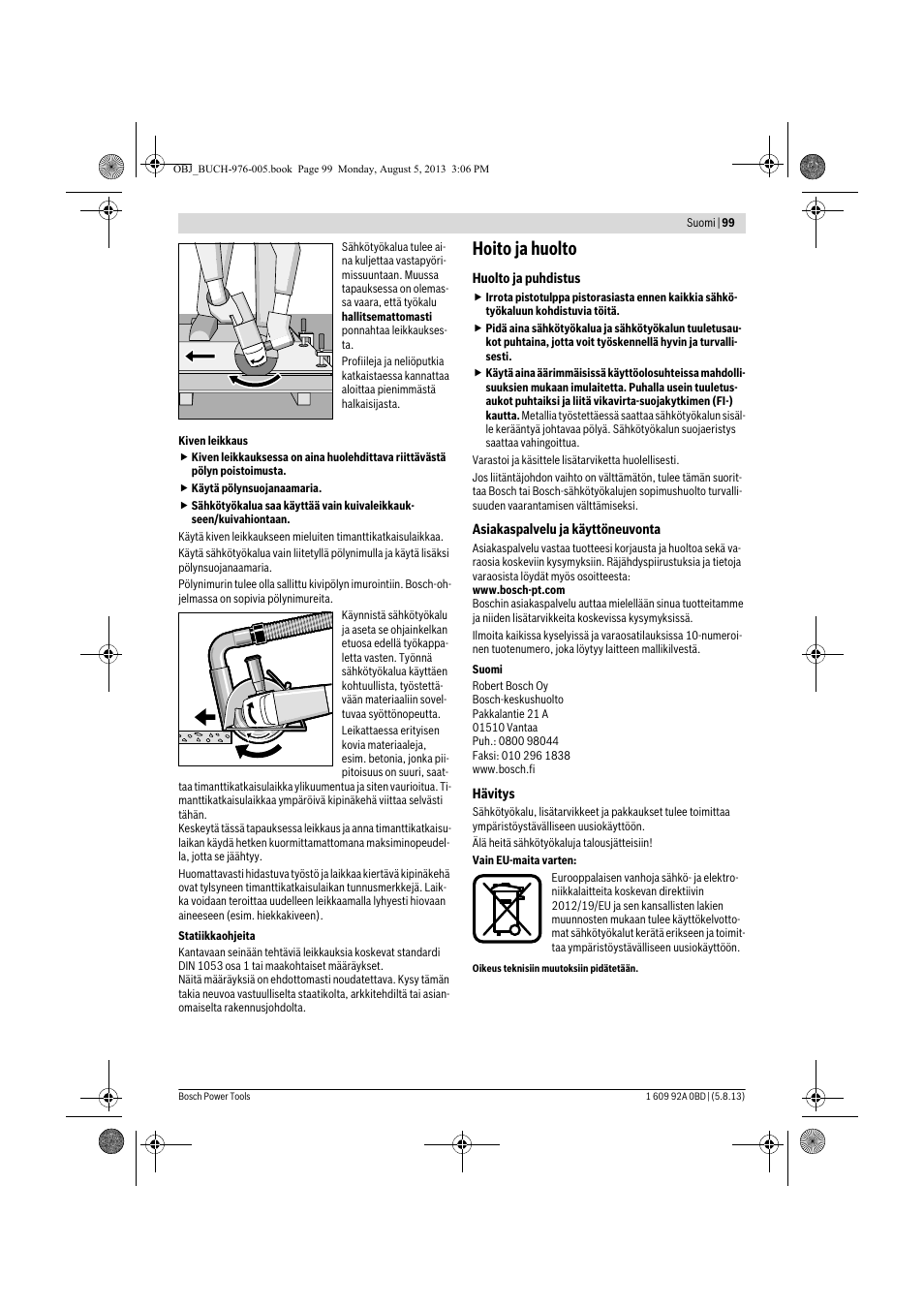 Hoito ja huolto | Bosch PWS 20-230 J User Manual | Page 99 / 267