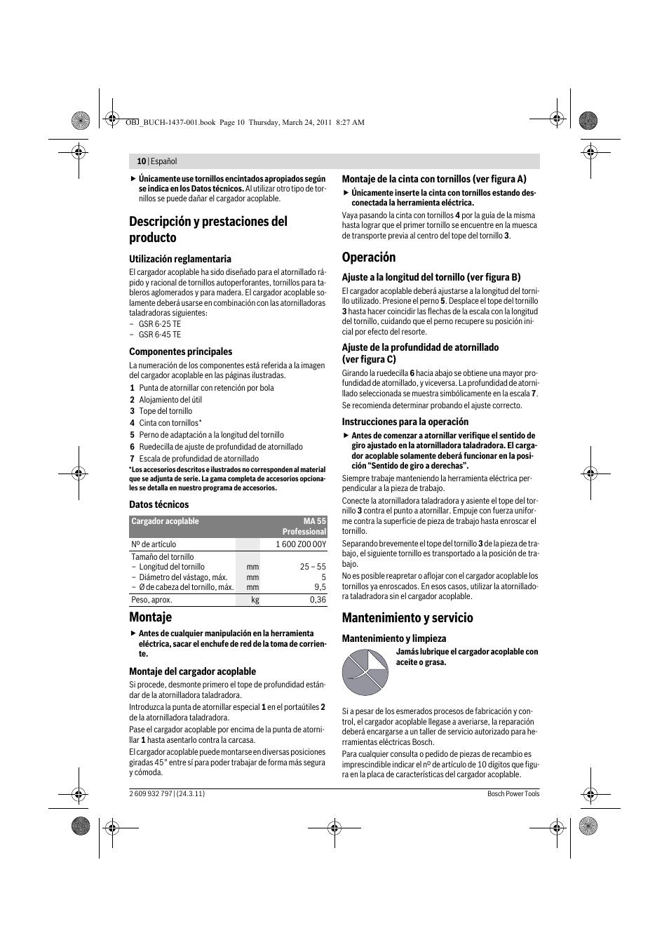 Descripción y prestaciones del producto, Montaje, Operación | Mantenimiento y servicio | Bosch MA 55 Professional User Manual | Page 10 / 53