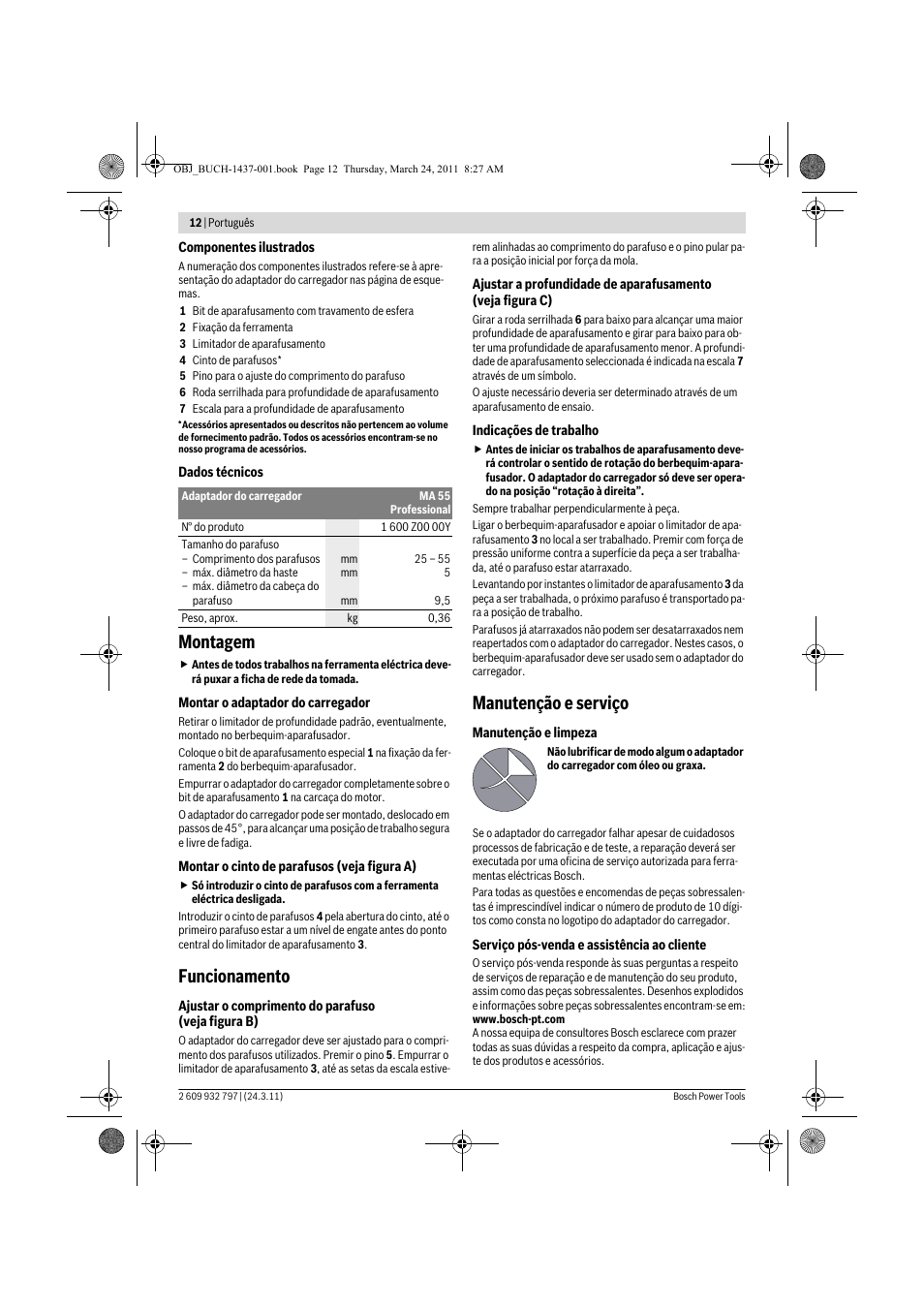 Montagem, Funcionamento, Manutenção e serviço | Bosch MA 55 Professional User Manual | Page 12 / 53