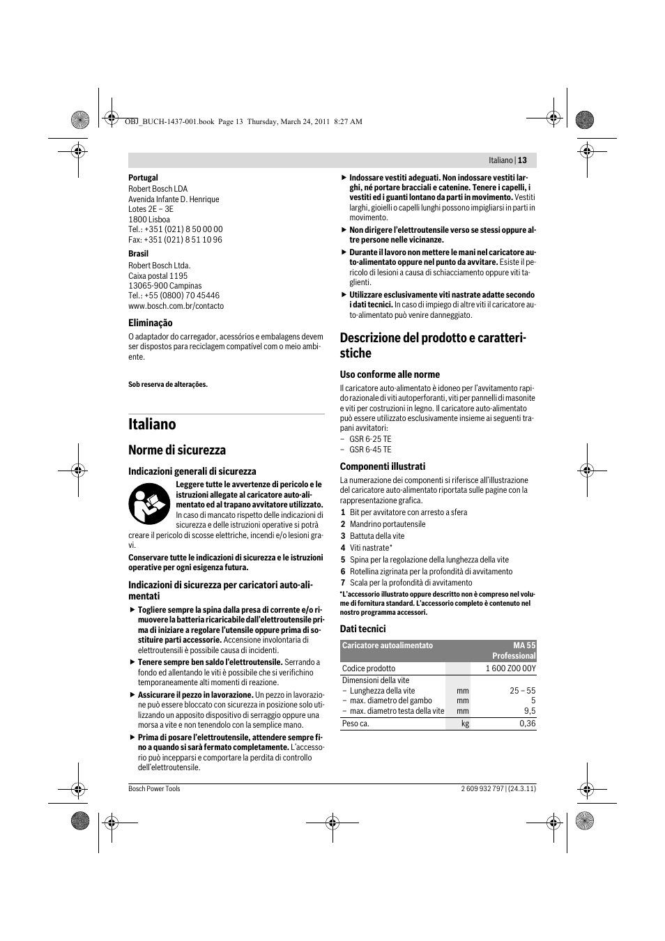 Italiano, Norme di sicurezza, Descrizione del prodotto e caratteri- stiche | Bosch MA 55 Professional User Manual | Page 13 / 53