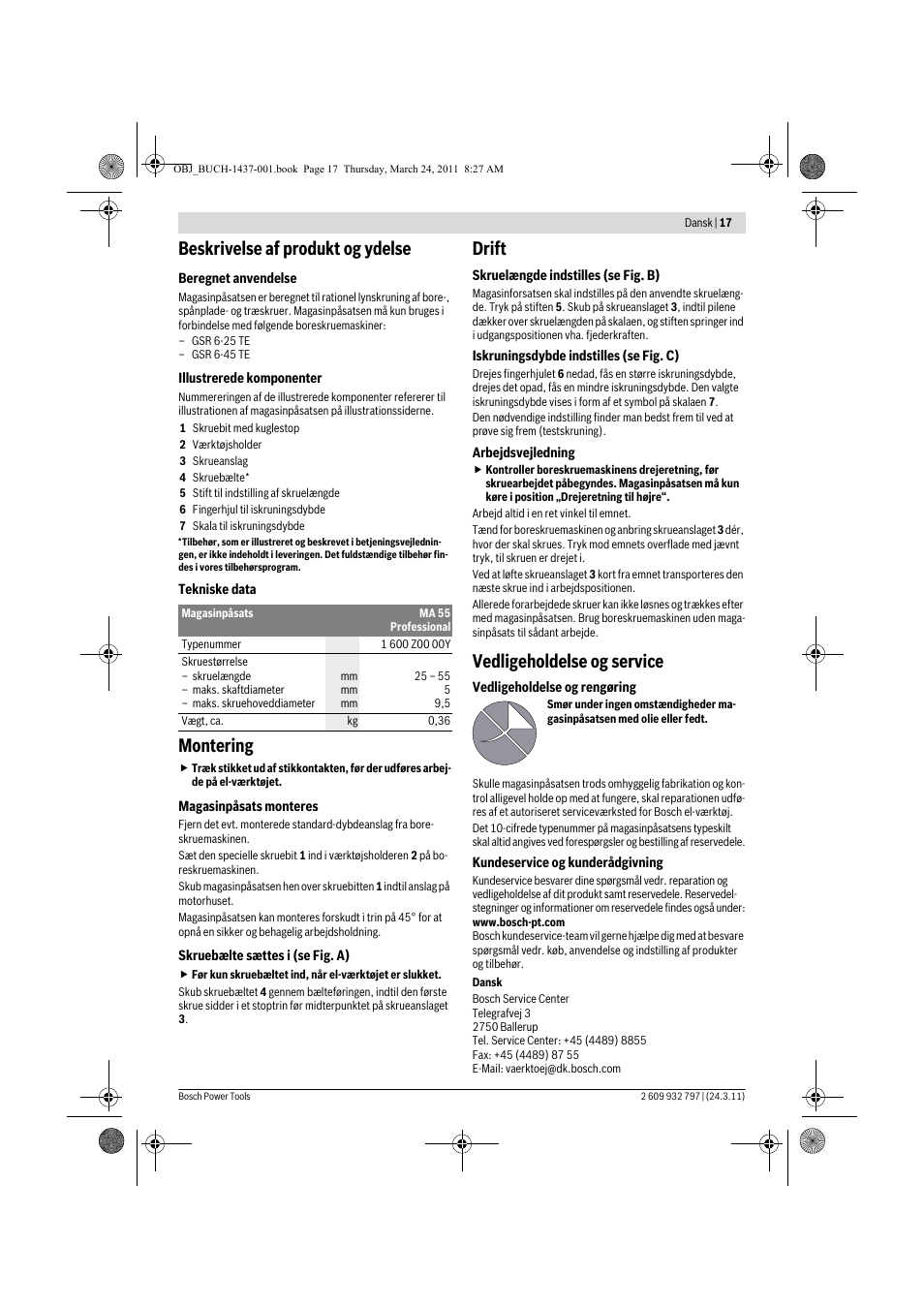 Beskrivelse af produkt og ydelse, Montering, Drift | Vedligeholdelse og service | Bosch MA 55 Professional User Manual | Page 17 / 53