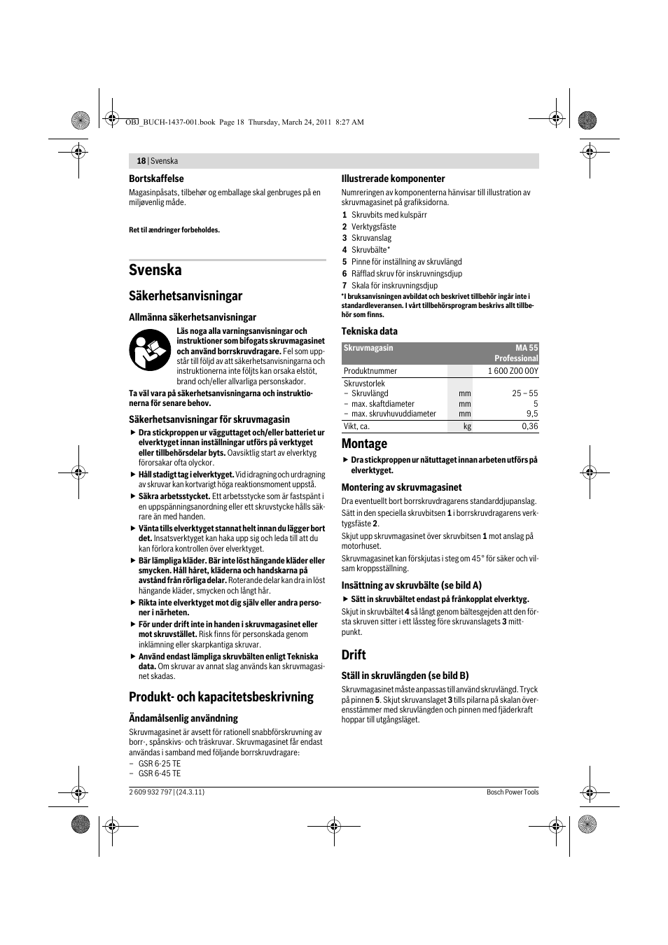 Svenska, Säkerhetsanvisningar, Produkt- och kapacitetsbeskrivning | Montage, Drift | Bosch MA 55 Professional User Manual | Page 18 / 53