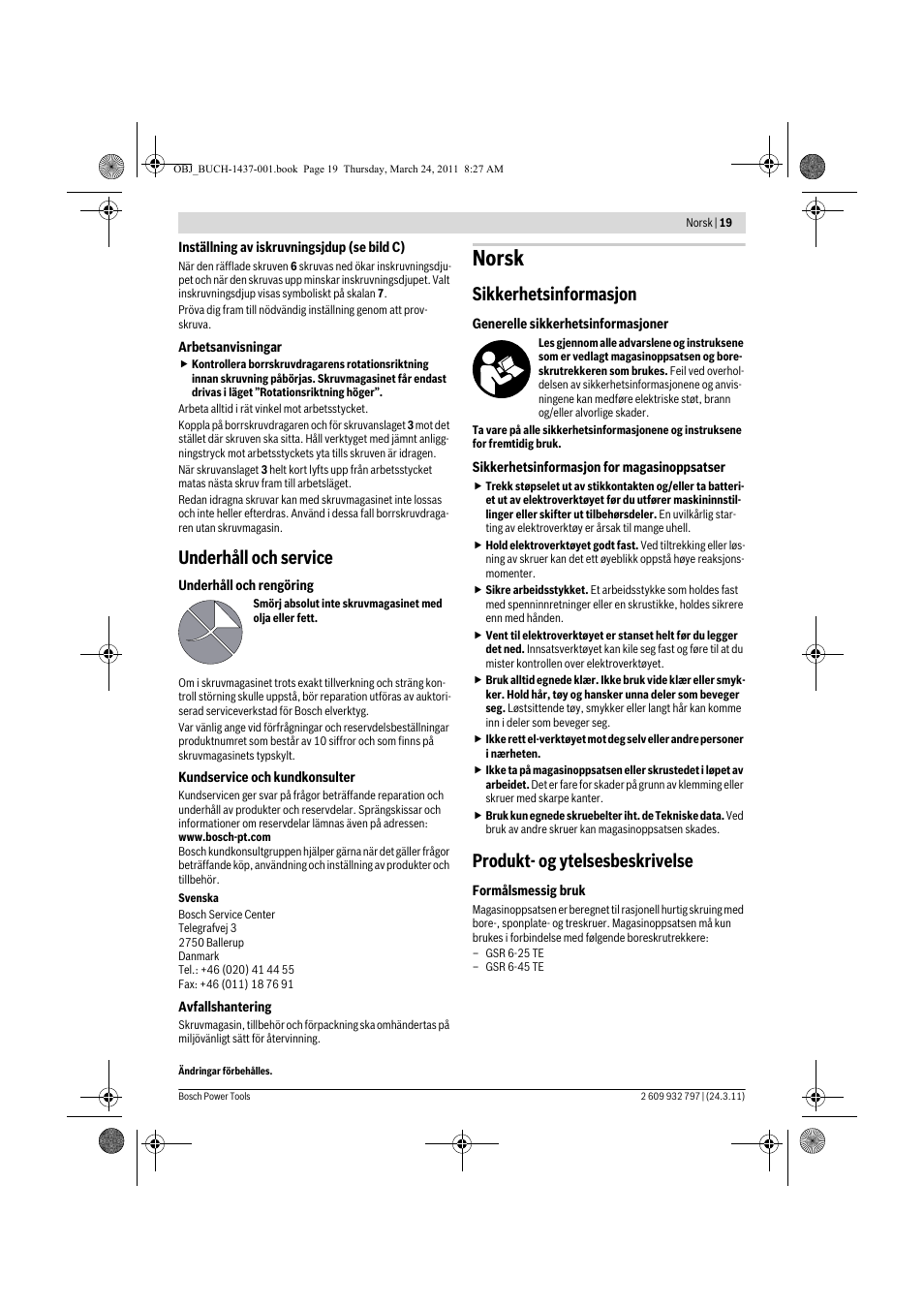 Norsk, Underhåll och service, Sikkerhetsinformasjon | Produkt- og ytelsesbeskrivelse | Bosch MA 55 Professional User Manual | Page 19 / 53