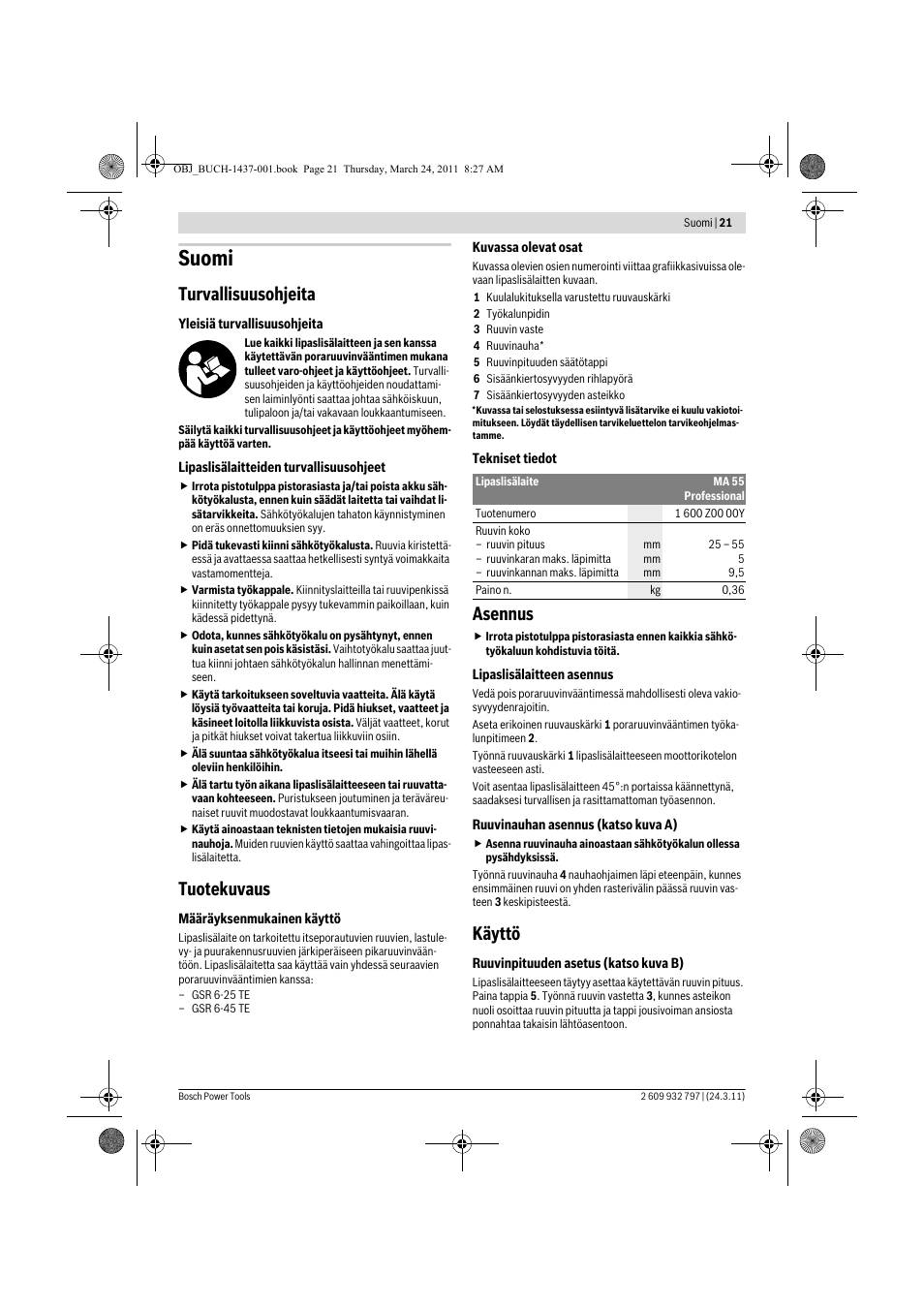 Suomi, Turvallisuusohjeita, Tuotekuvaus | Asennus, Käyttö | Bosch MA 55 Professional User Manual | Page 21 / 53