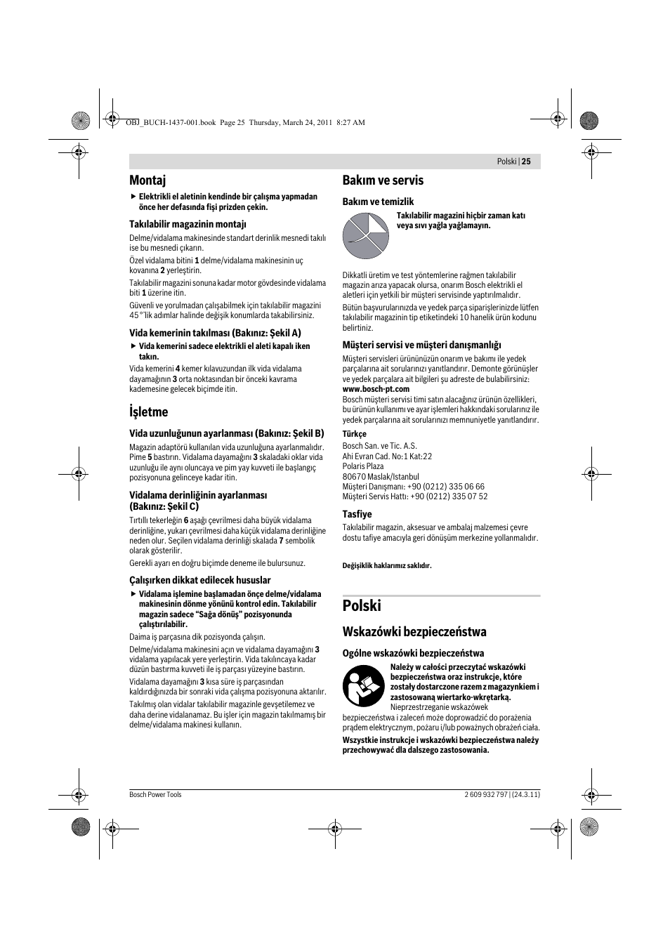 Polski, Montaj, Işletme | Bak m ve servis, Wskazówki bezpieczeństwa | Bosch MA 55 Professional User Manual | Page 25 / 53