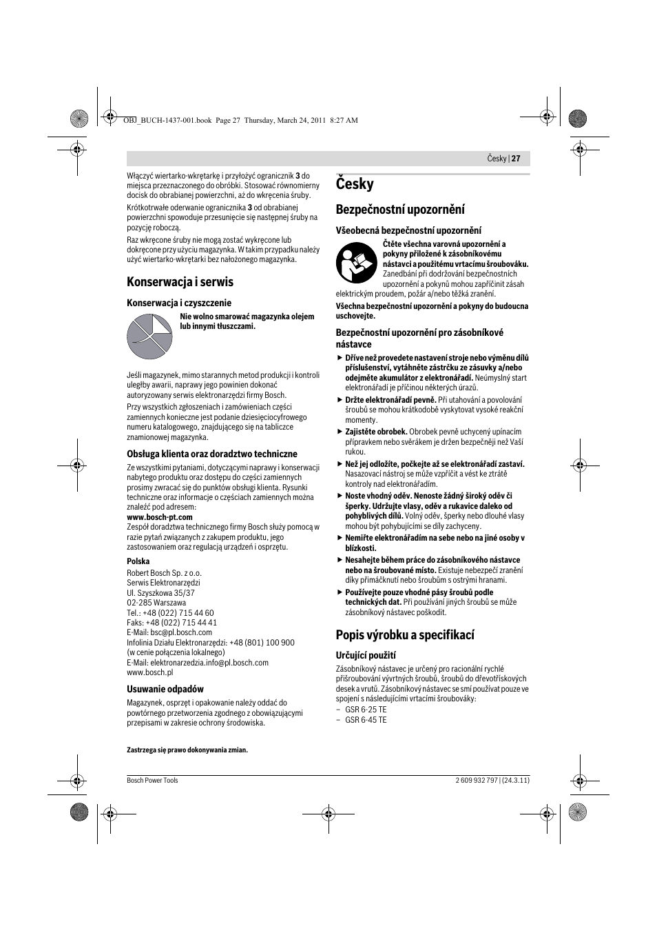 Česky, Konserwacja i serwis, Bezpečnostní upozornění | Popis výrobku a specifikací | Bosch MA 55 Professional User Manual | Page 27 / 53