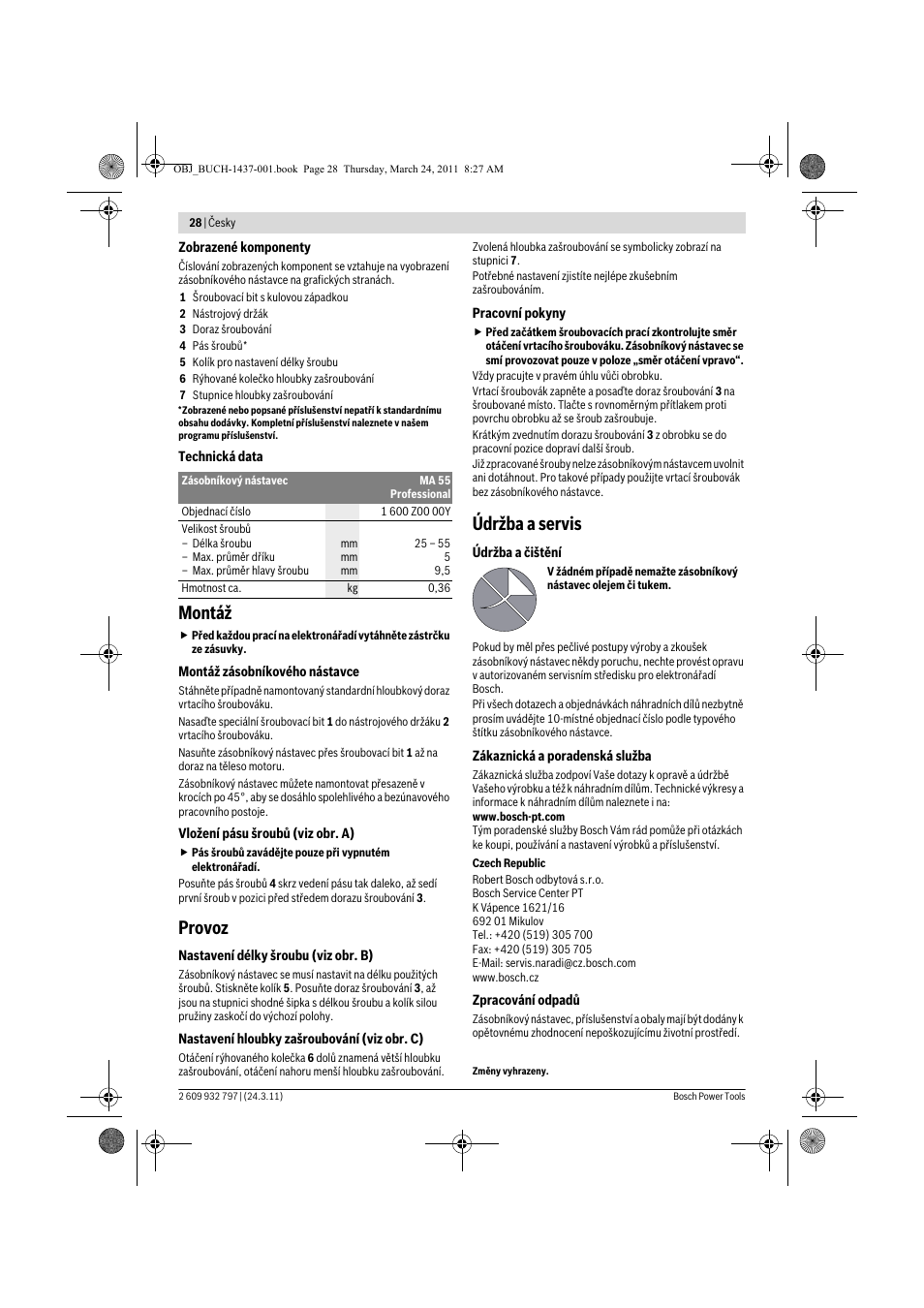 Montáž, Provoz, Údržba a servis | Bosch MA 55 Professional User Manual | Page 28 / 53