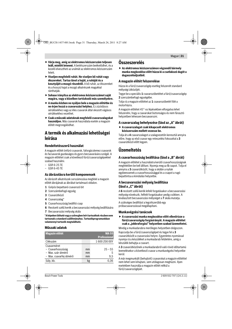 A termék és alkalmazási lehetőségei leírása, Összeszerelés, Üzemeltetés | Bosch MA 55 Professional User Manual | Page 31 / 53