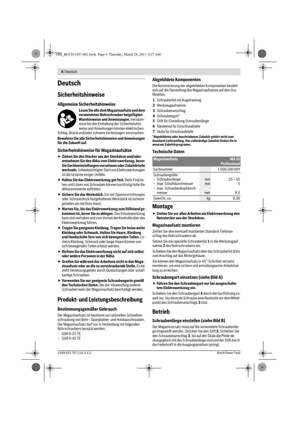 Deutsch, Sicherheitshinweise, Produkt- und leistungsbeschreibung | Montage, Betrieb | Bosch MA 55 Professional User Manual | Page 4 / 53