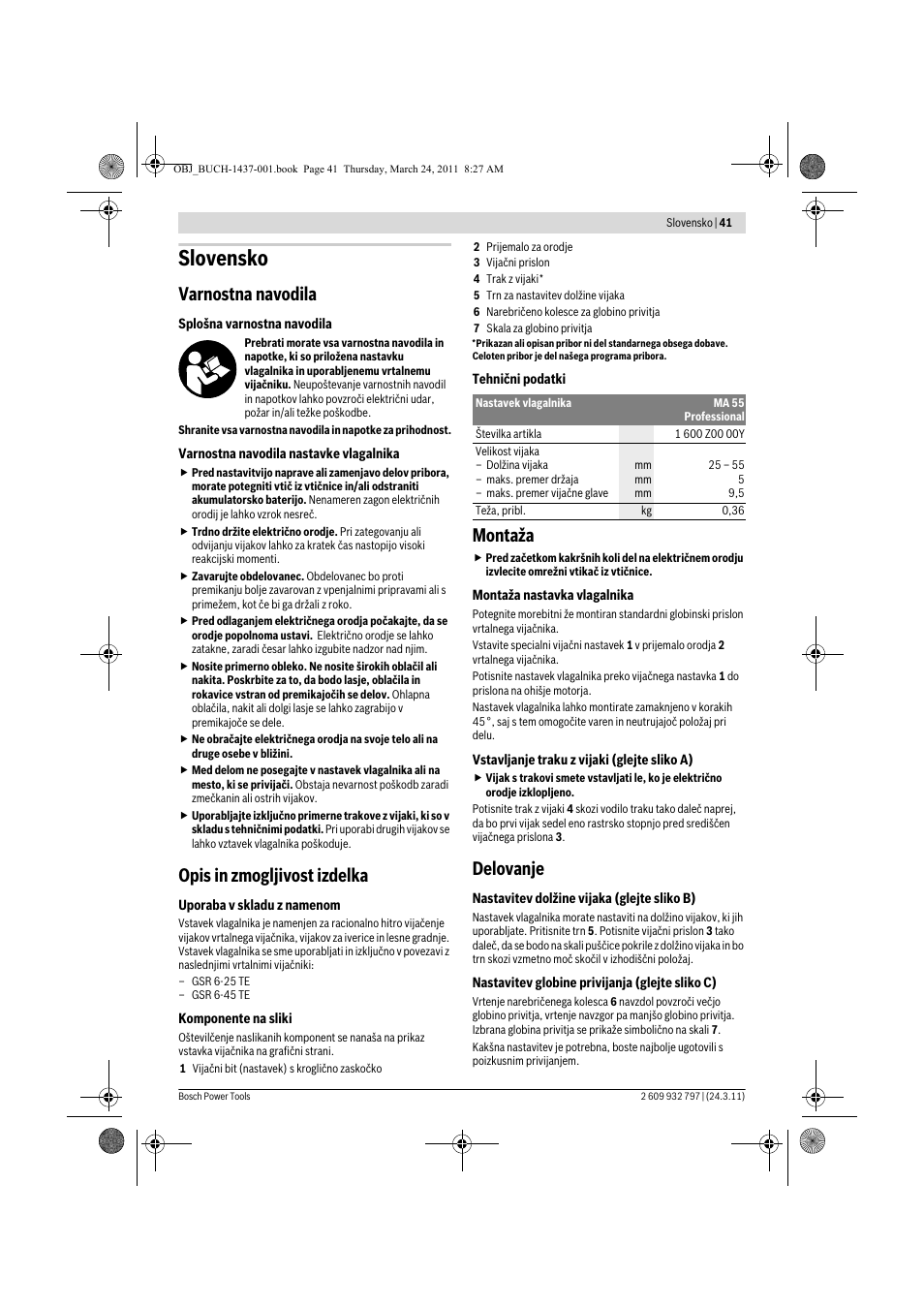 Slovensko, Varnostna navodila, Opis in zmogljivost izdelka | Montaža, Delovanje | Bosch MA 55 Professional User Manual | Page 41 / 53