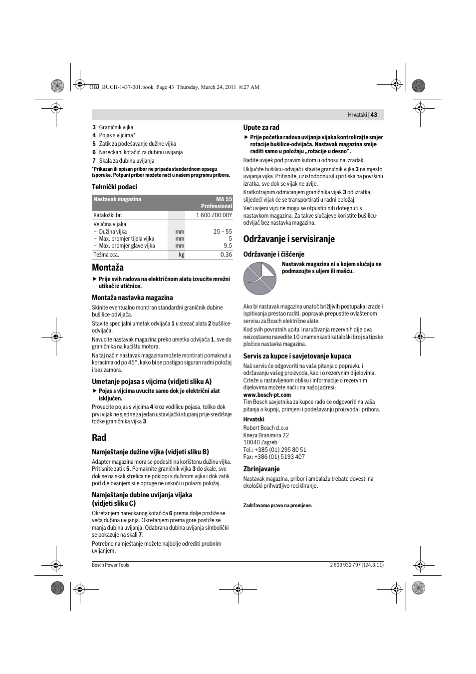 Montaža, Održavanje i servisiranje | Bosch MA 55 Professional User Manual | Page 43 / 53