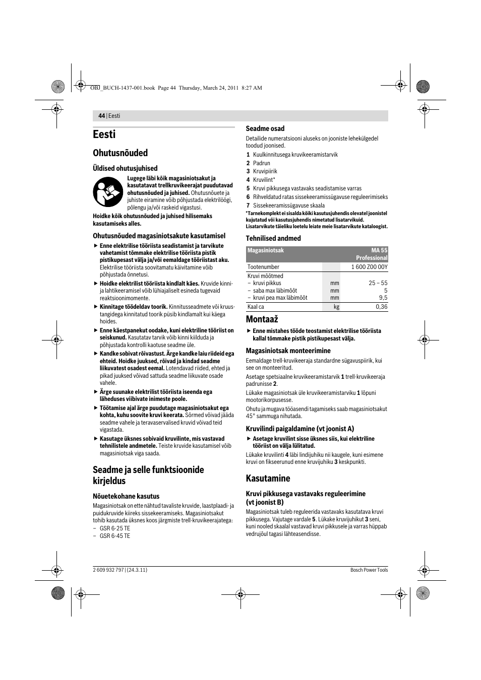 Eesti, Ohutusnõuded, Seadme ja selle funktsioonide kirjeldus | Montaaž, Kasutamine | Bosch MA 55 Professional User Manual | Page 44 / 53