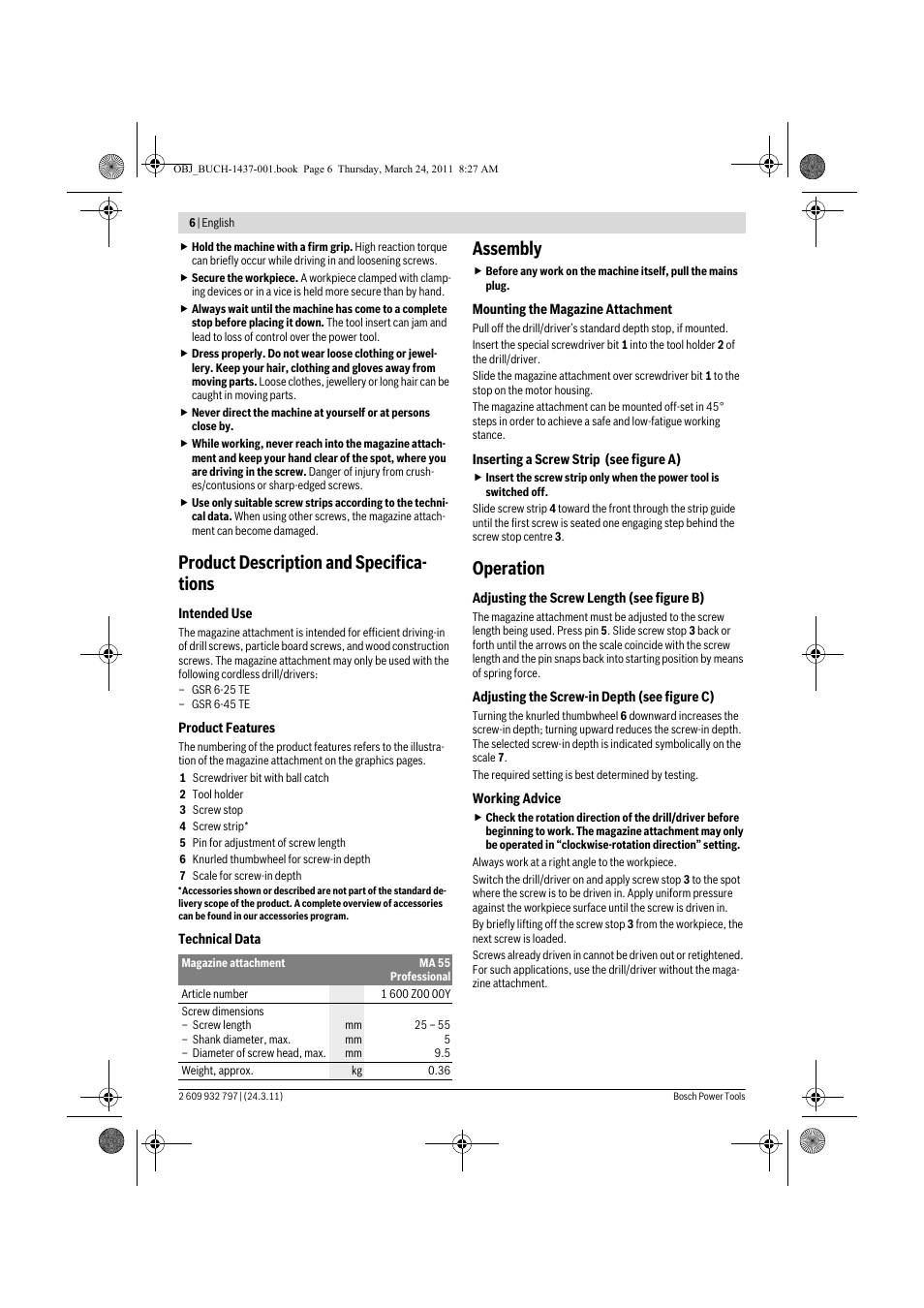 Product description and specifica- tions, Assembly, Operation | Bosch MA 55 Professional User Manual | Page 6 / 53