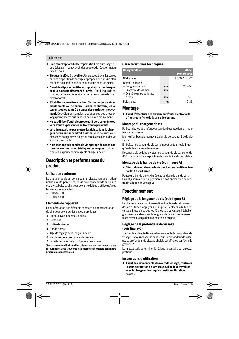 Description et performances du produit, Montage, Fonctionnement | Bosch MA 55 Professional User Manual | Page 8 / 53