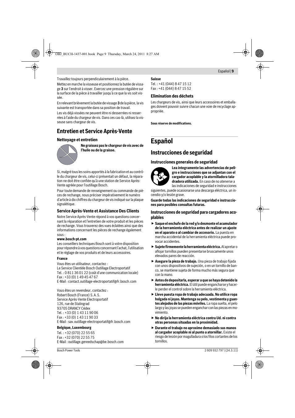 Español, Entretien et service après-vente, Instrucciones de seguridad | Bosch MA 55 Professional User Manual | Page 9 / 53