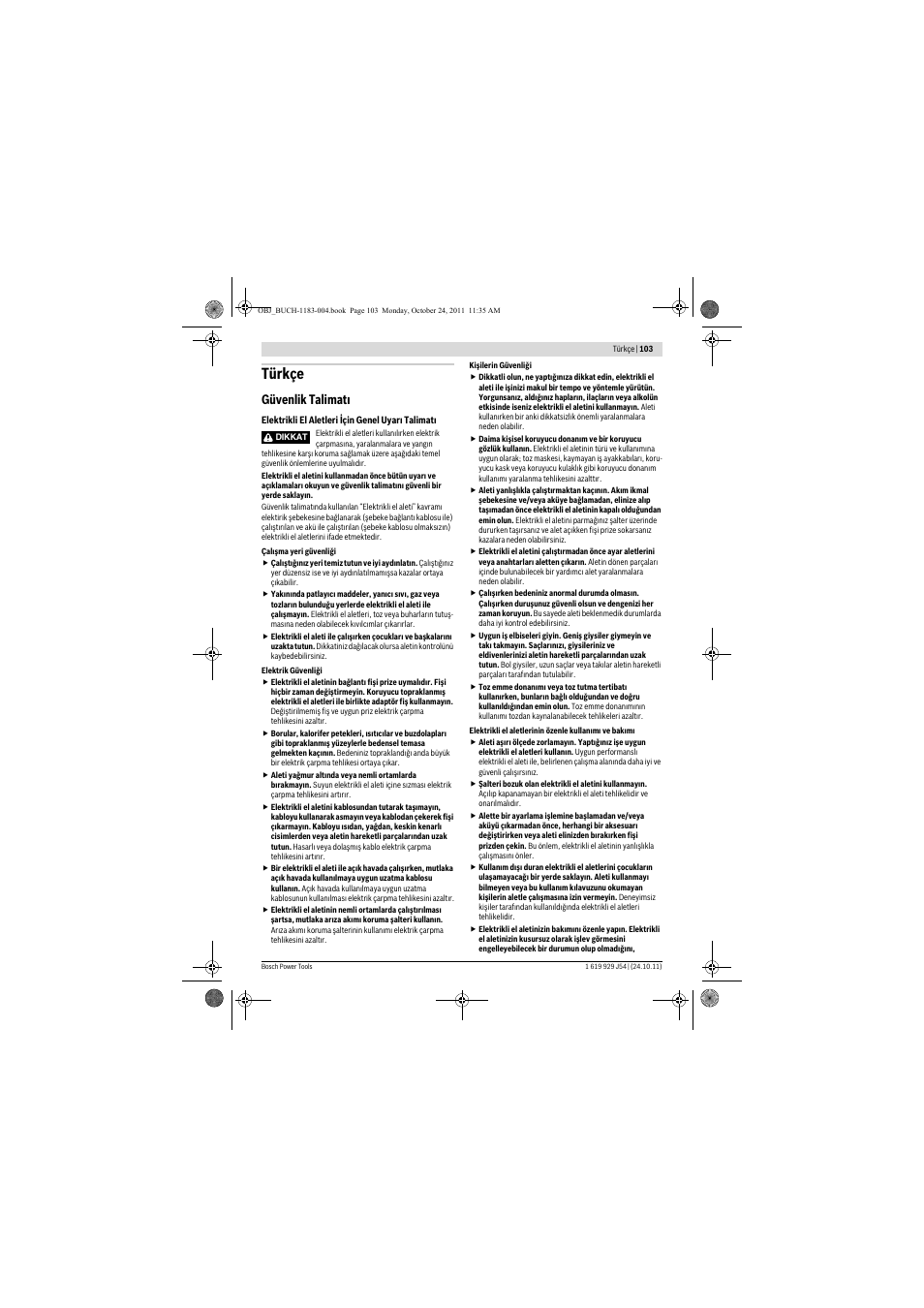 Türkçe, Güvenlik talimat | Bosch PBD 40 User Manual | Page 103 / 221