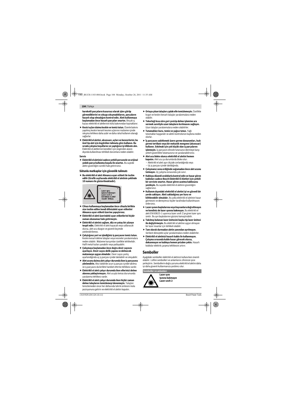 Semboller | Bosch PBD 40 User Manual | Page 104 / 221