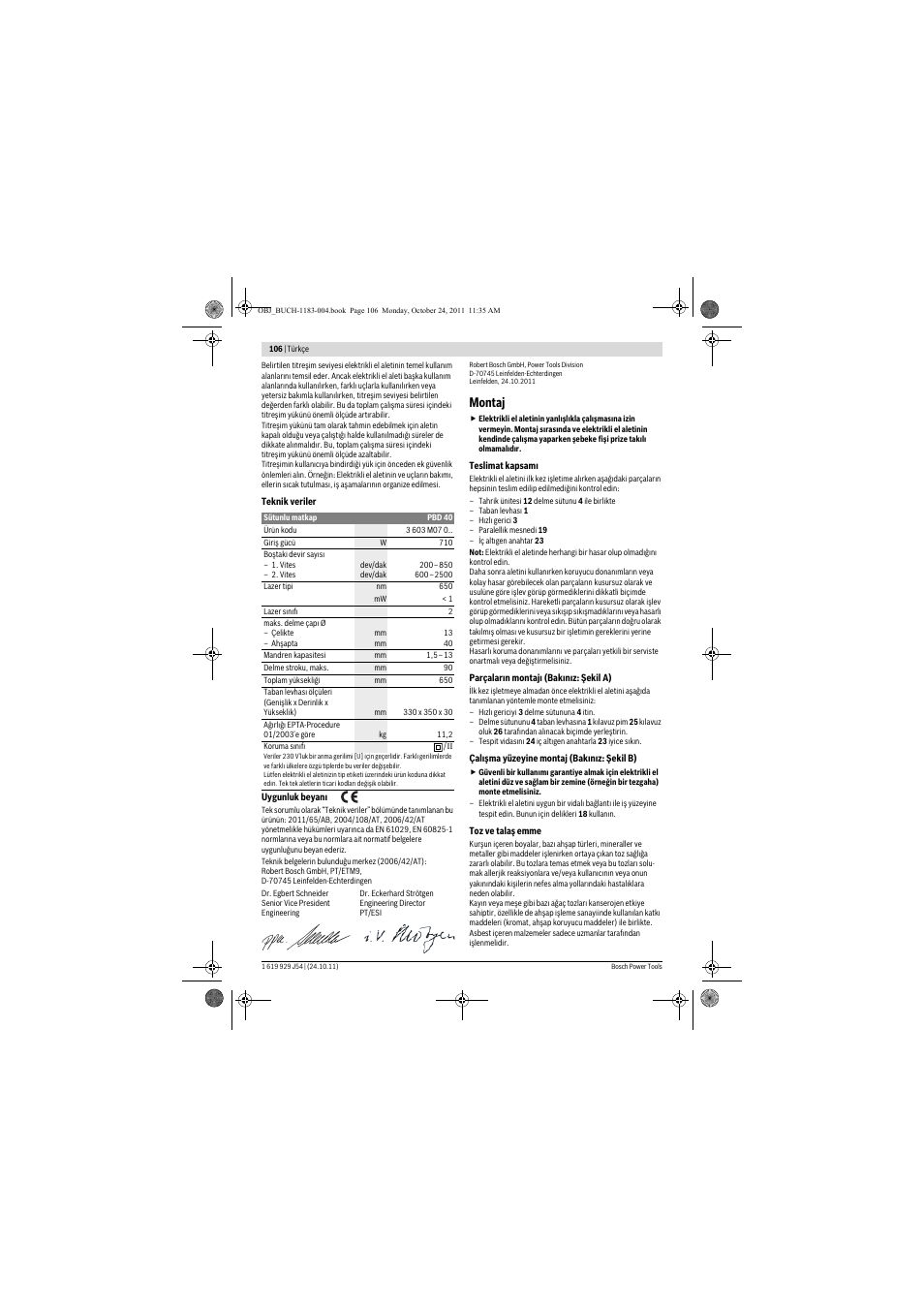 Montaj | Bosch PBD 40 User Manual | Page 106 / 221