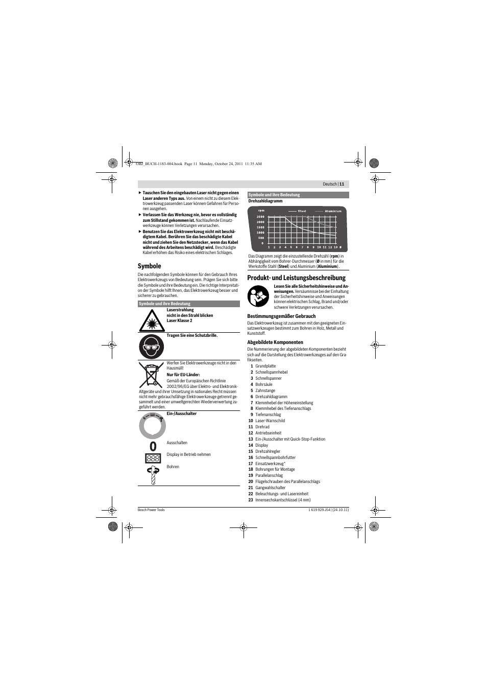 Symbole, Produkt- und leistungsbeschreibung | Bosch PBD 40 User Manual | Page 11 / 221