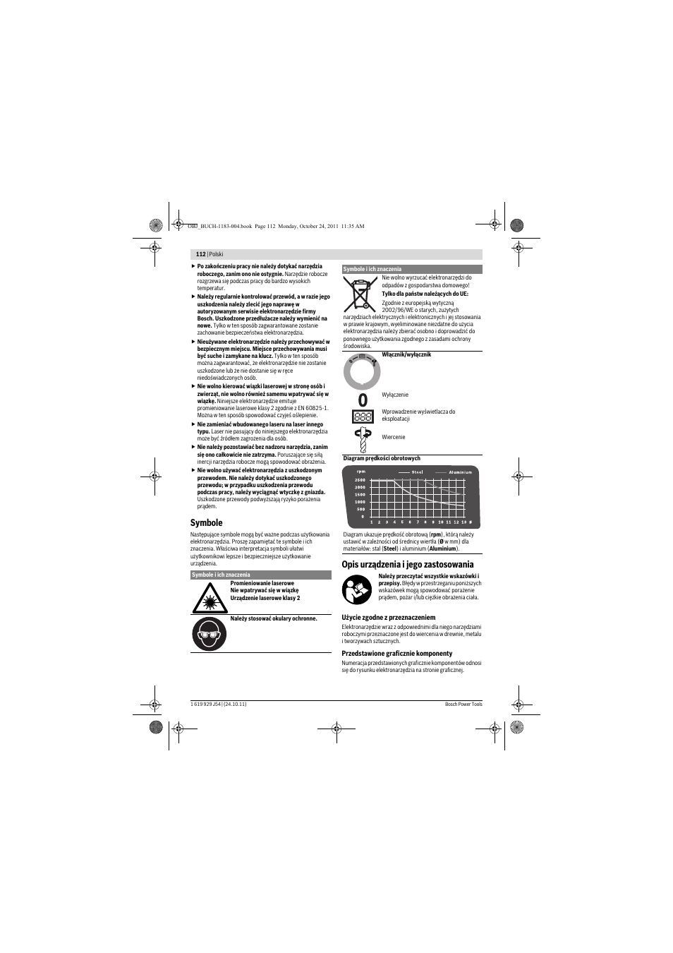 Symbole, Opis urządzenia i jego zastosowania | Bosch PBD 40 User Manual | Page 112 / 221