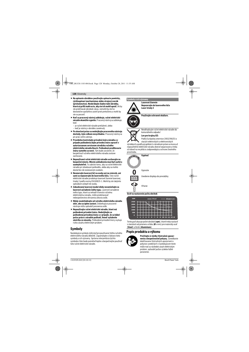 Symboly, Popis produktu a výkonu | Bosch PBD 40 User Manual | Page 128 / 221