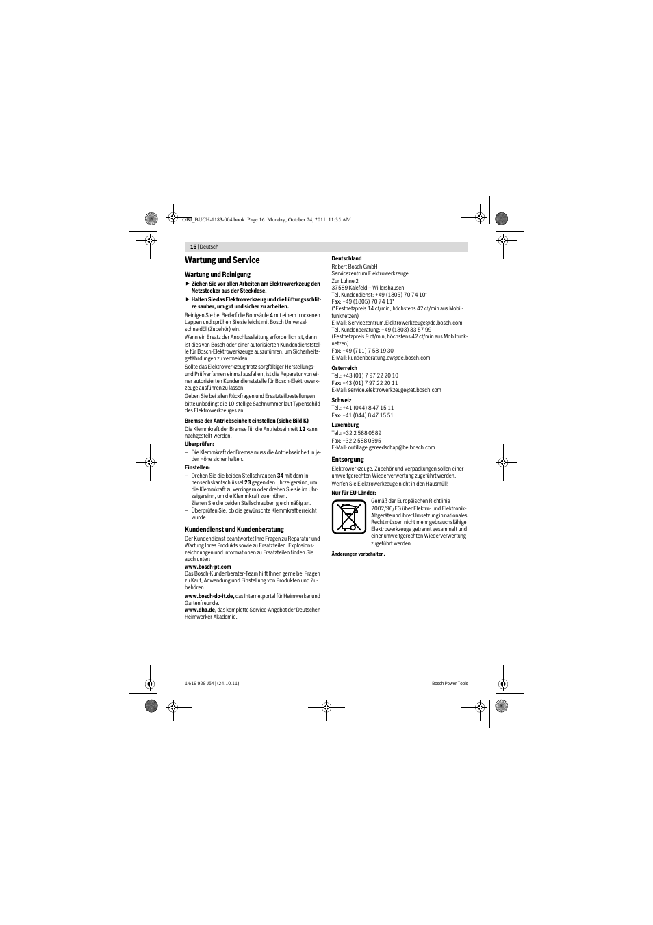 Wartung und service | Bosch PBD 40 User Manual | Page 16 / 221