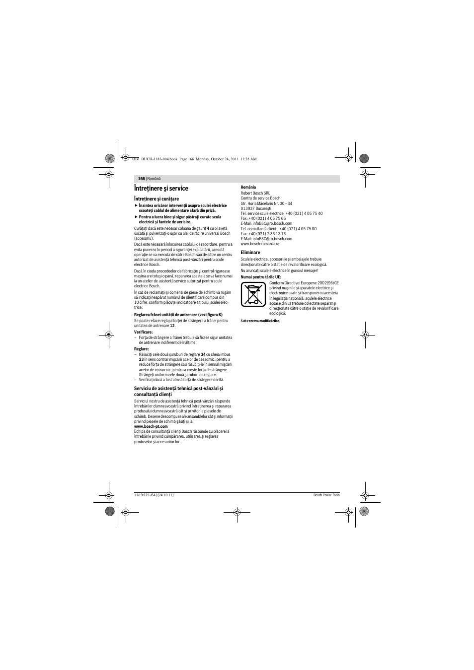 Întreţinere şi service | Bosch PBD 40 User Manual | Page 166 / 221