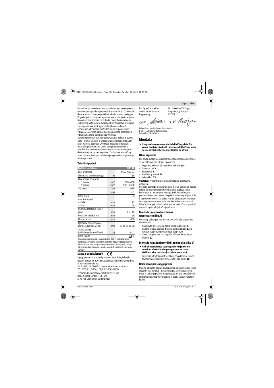 Montaža | Bosch PBD 40 User Manual | Page 179 / 221