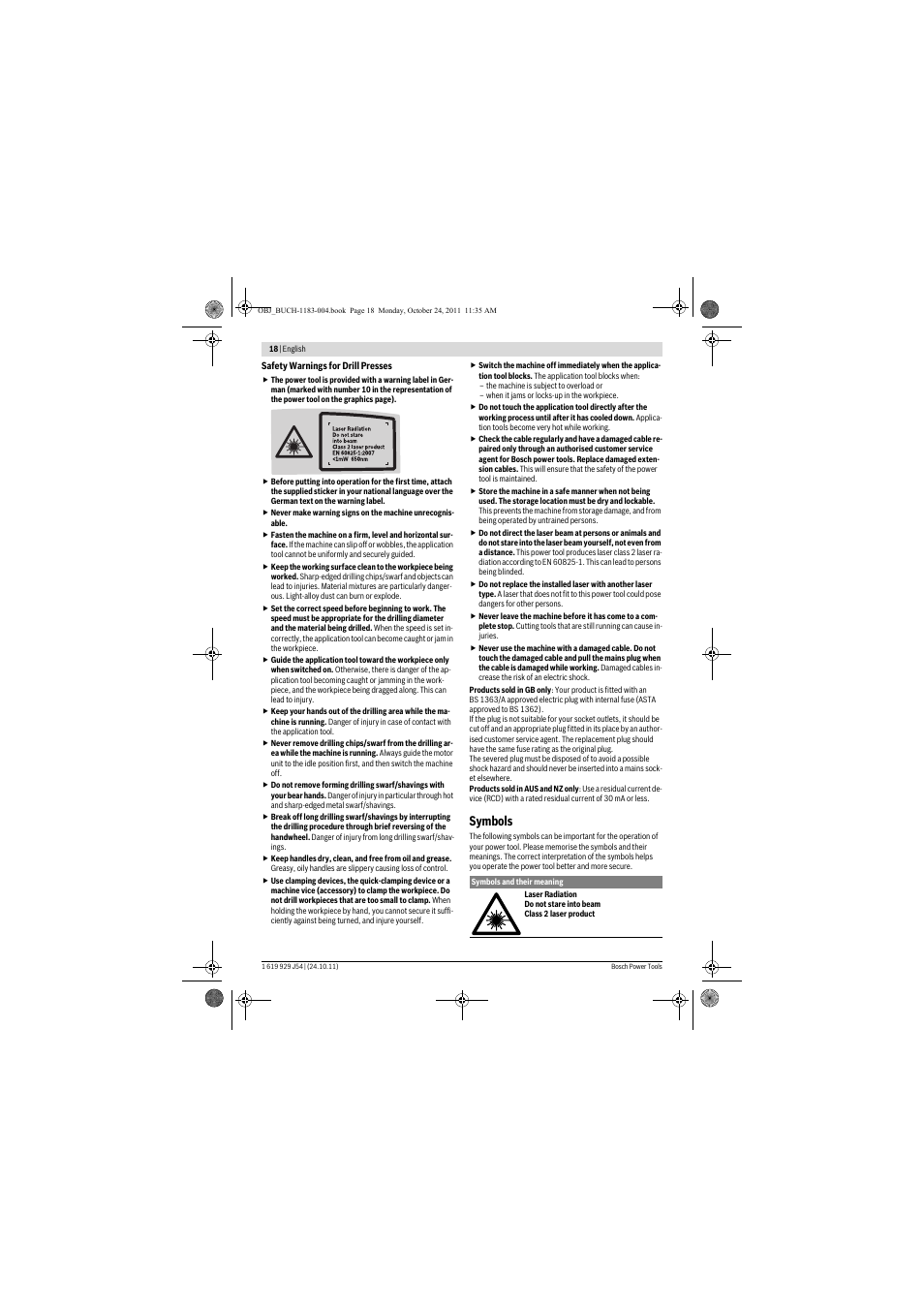 Symbols | Bosch PBD 40 User Manual | Page 18 / 221