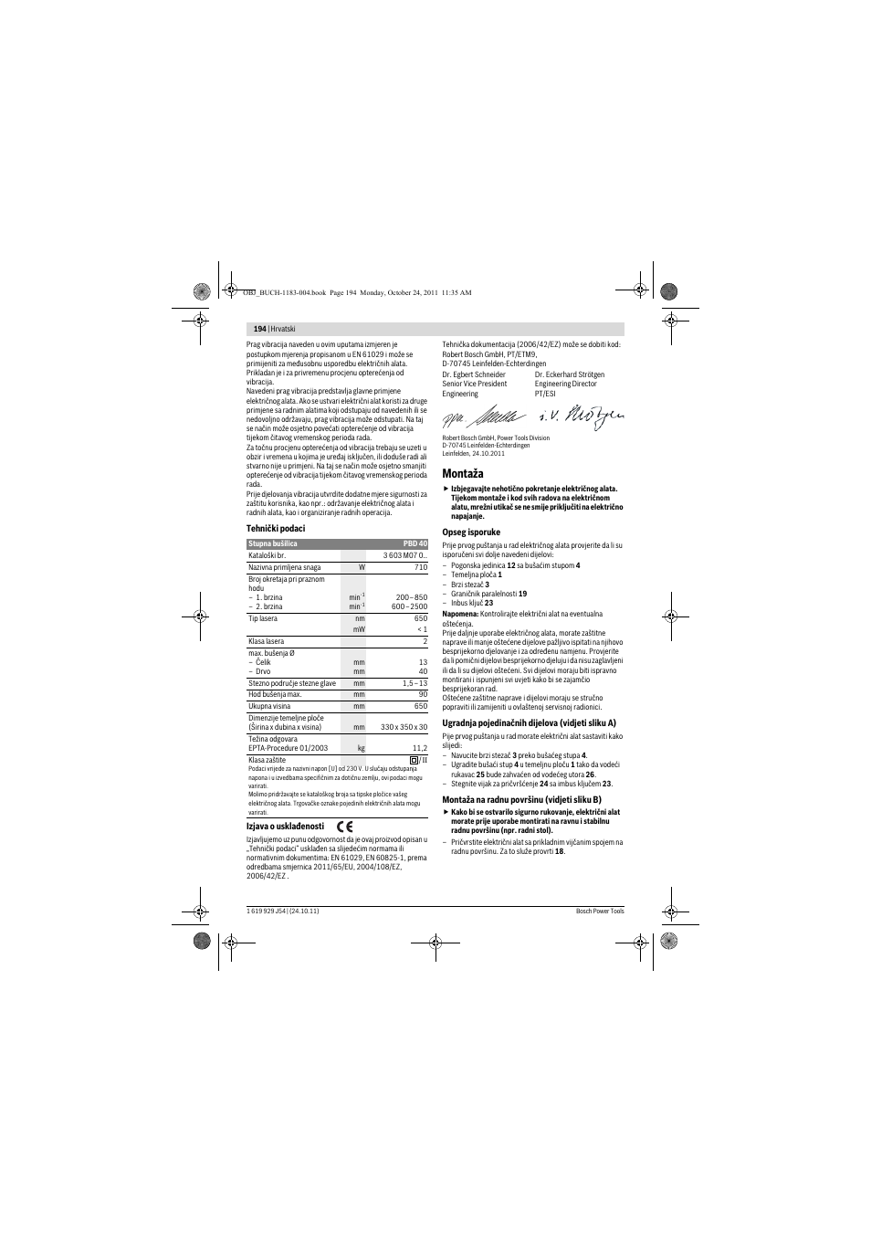 Montaža | Bosch PBD 40 User Manual | Page 194 / 221