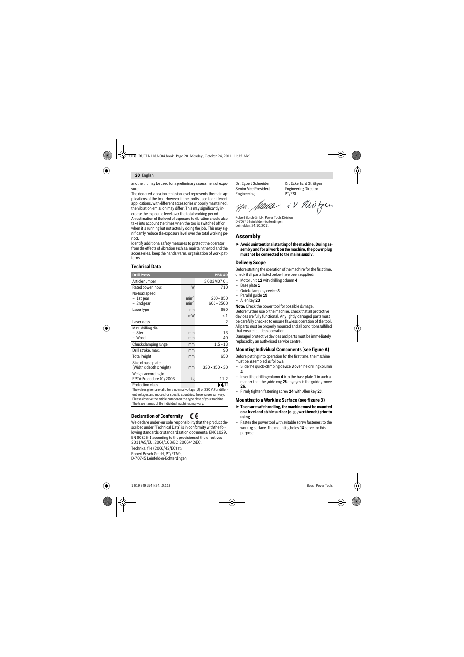 Assembly | Bosch PBD 40 User Manual | Page 20 / 221