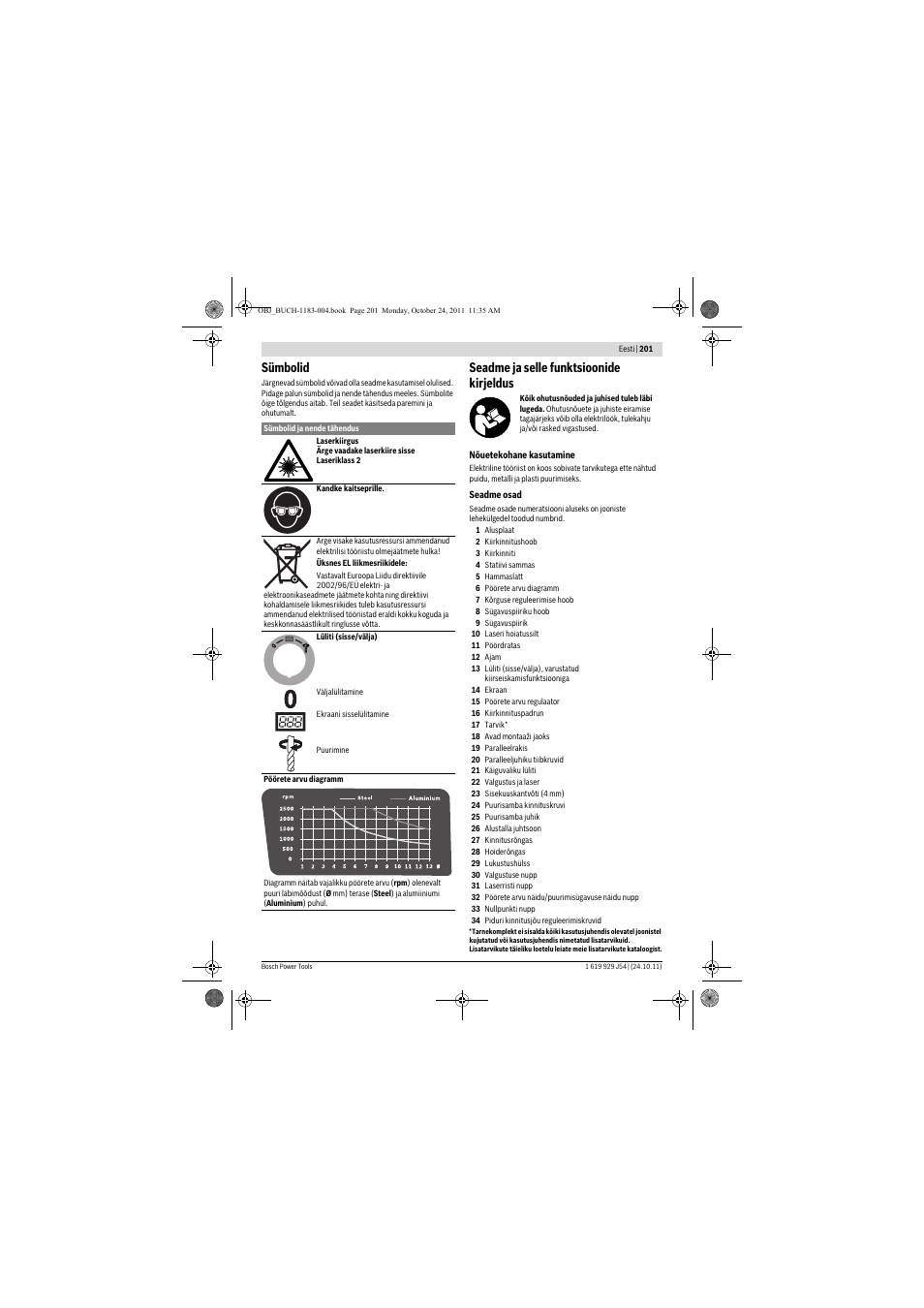 Sümbolid, Seadme ja selle funktsioonide kirjeldus | Bosch PBD 40 User Manual | Page 201 / 221