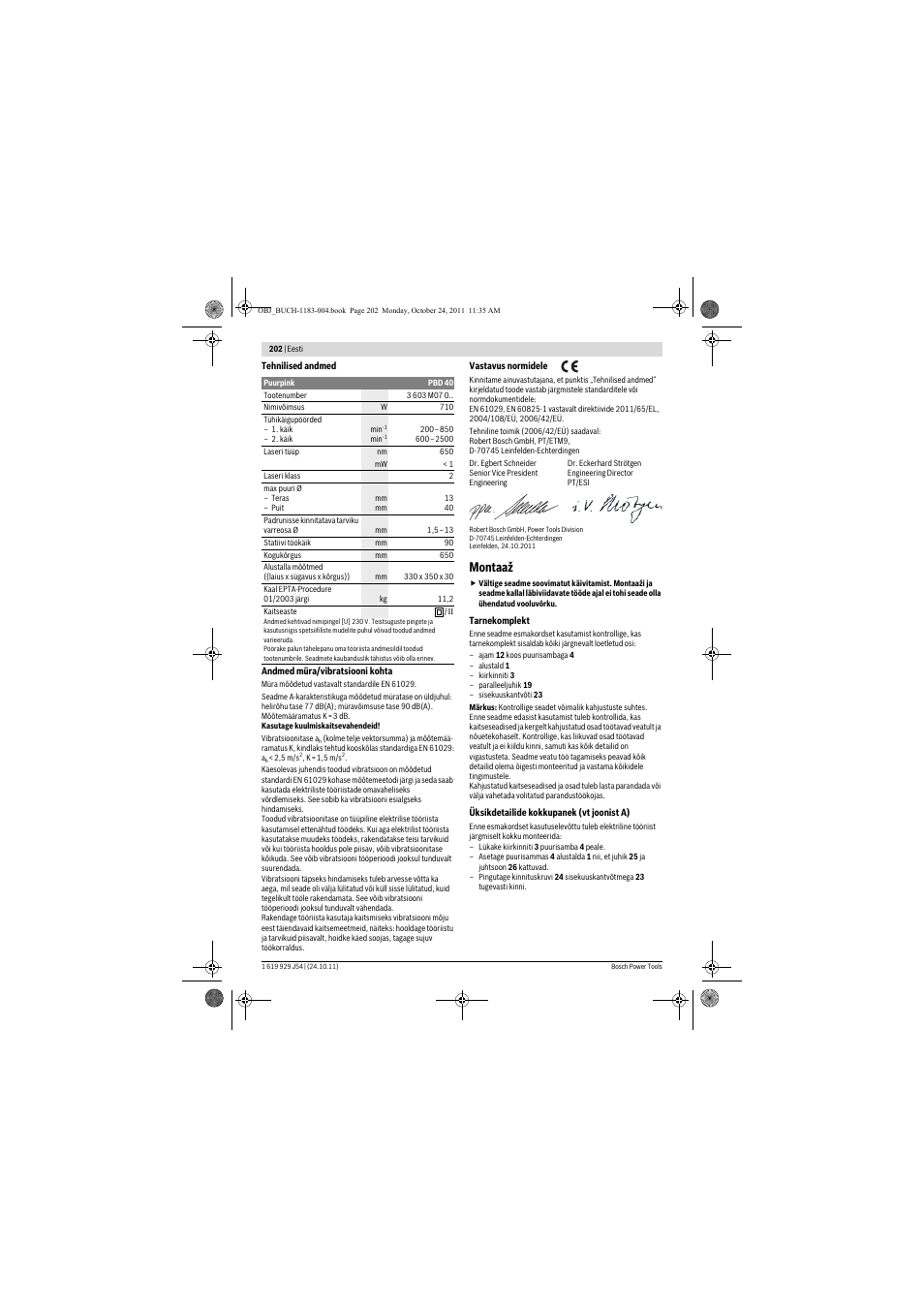 Montaaž | Bosch PBD 40 User Manual | Page 202 / 221