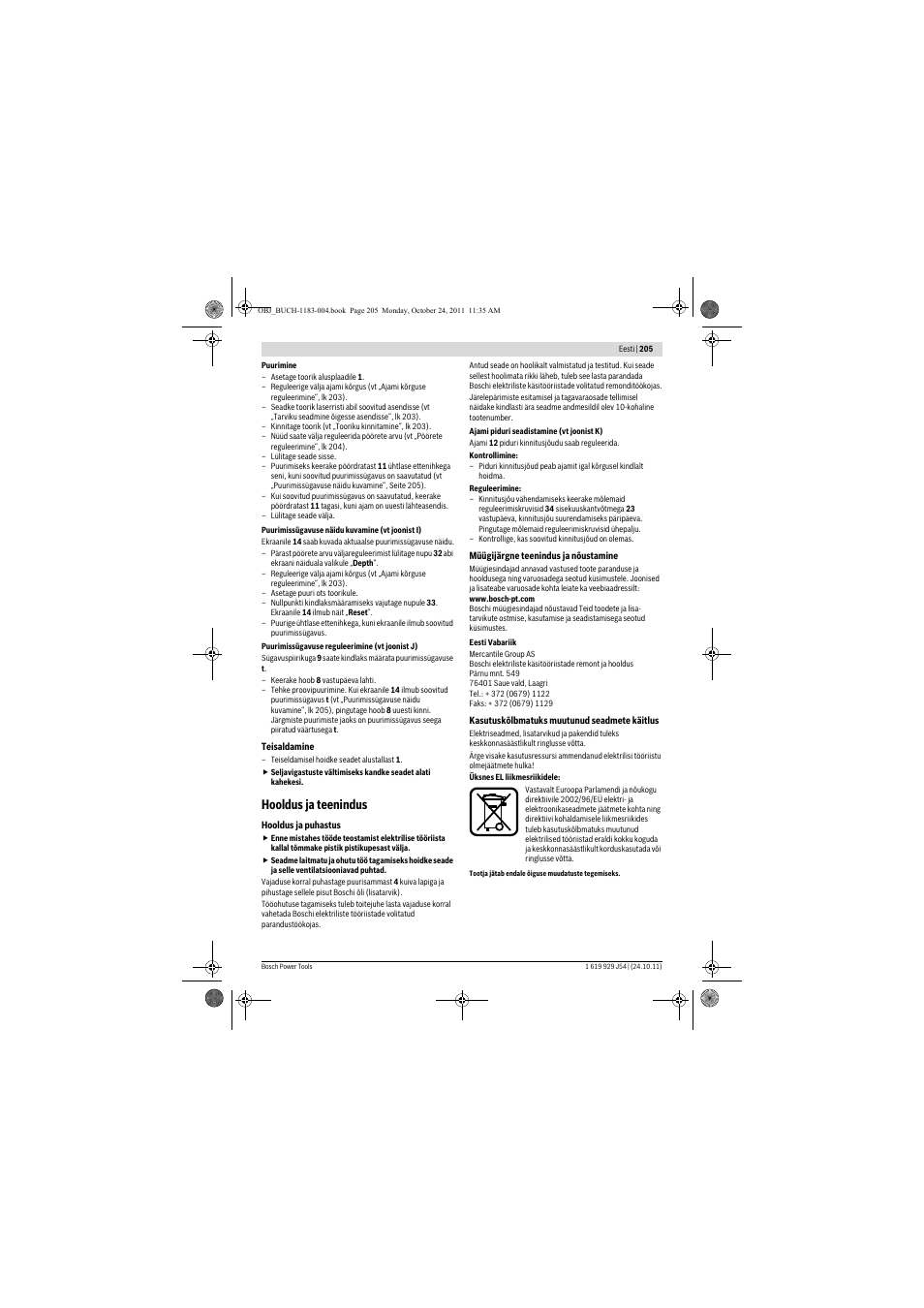 Hooldus ja teenindus | Bosch PBD 40 User Manual | Page 205 / 221