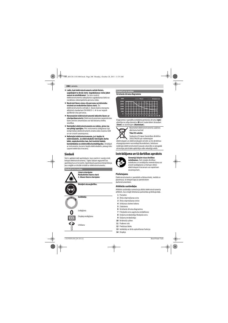 Simboli, Izstrādājuma un tā darbības apraksts | Bosch PBD 40 User Manual | Page 208 / 221