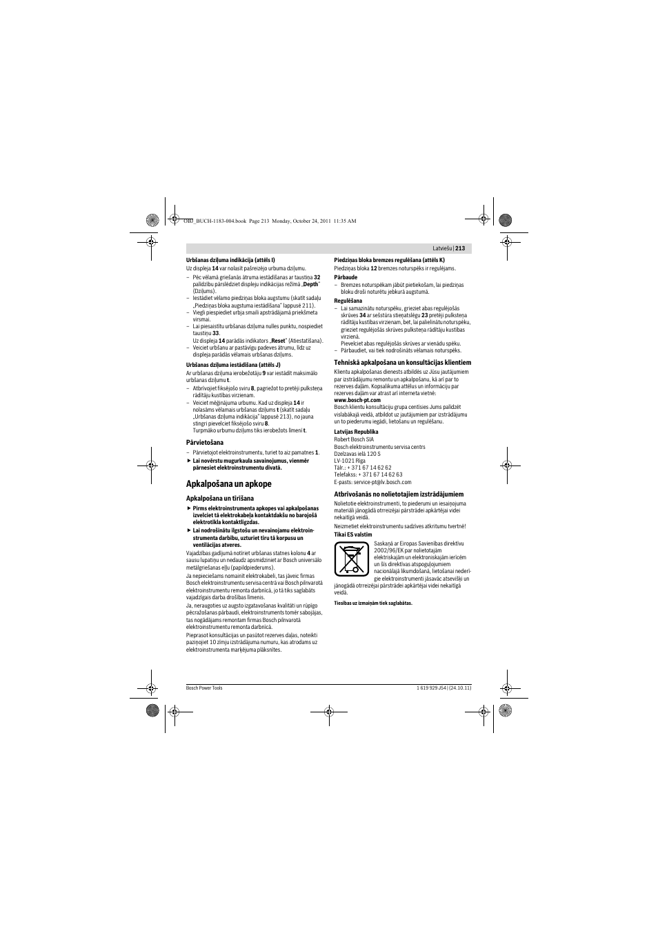 Apkalpošana un apkope | Bosch PBD 40 User Manual | Page 213 / 221