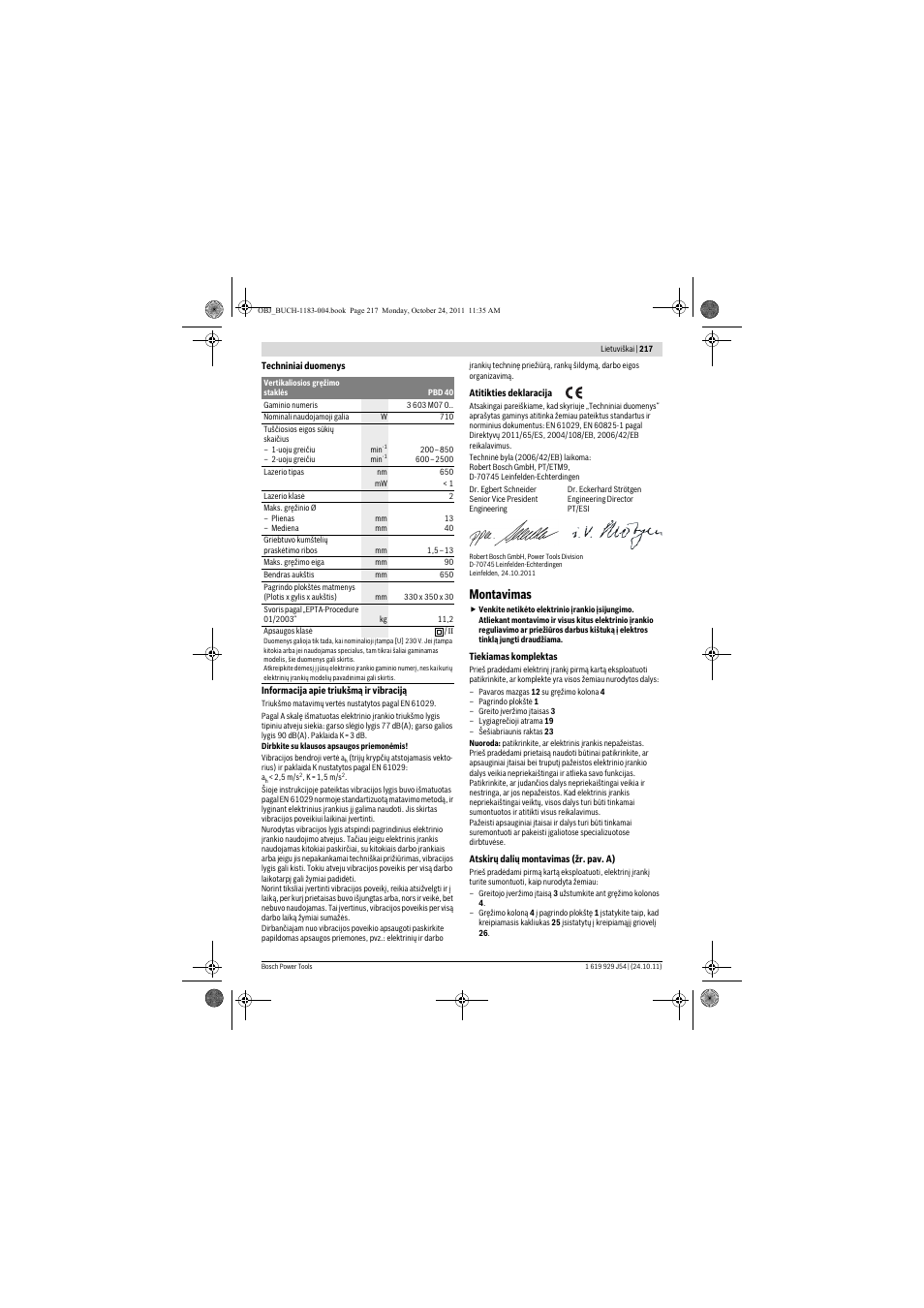 Montavimas | Bosch PBD 40 User Manual | Page 217 / 221