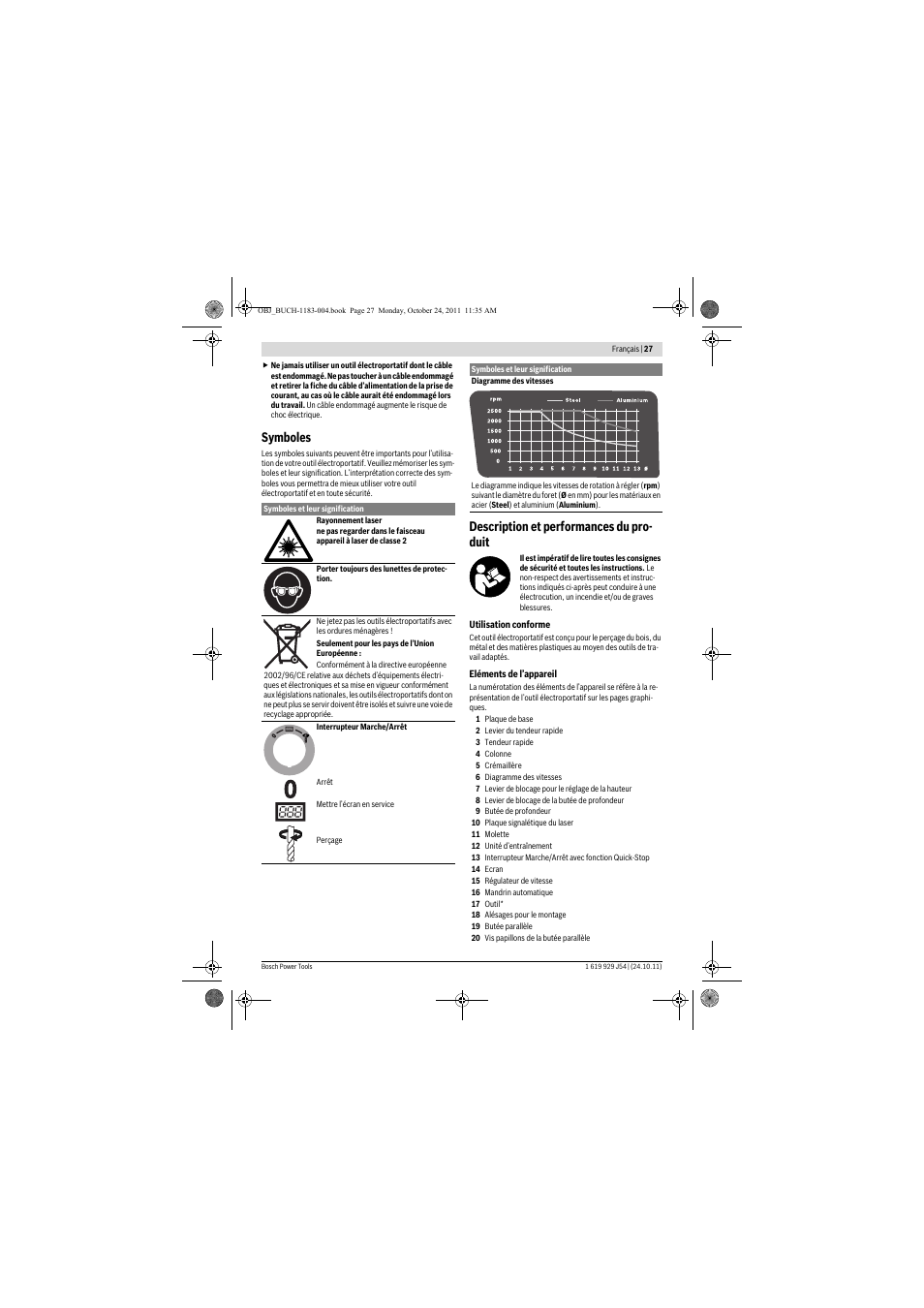 Symboles, Description et performances du pro- duit | Bosch PBD 40 User Manual | Page 27 / 221