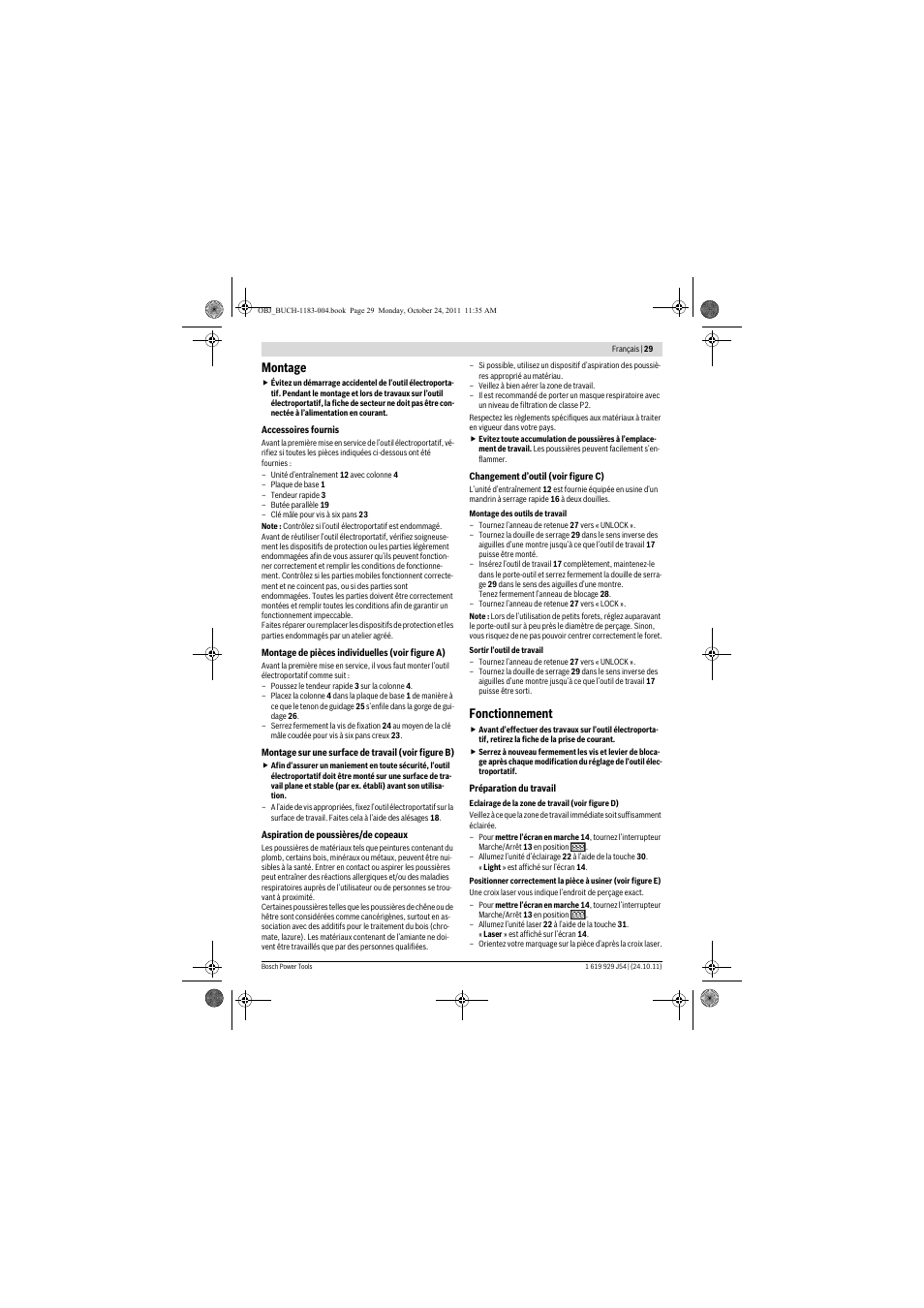Montage, Fonctionnement | Bosch PBD 40 User Manual | Page 29 / 221