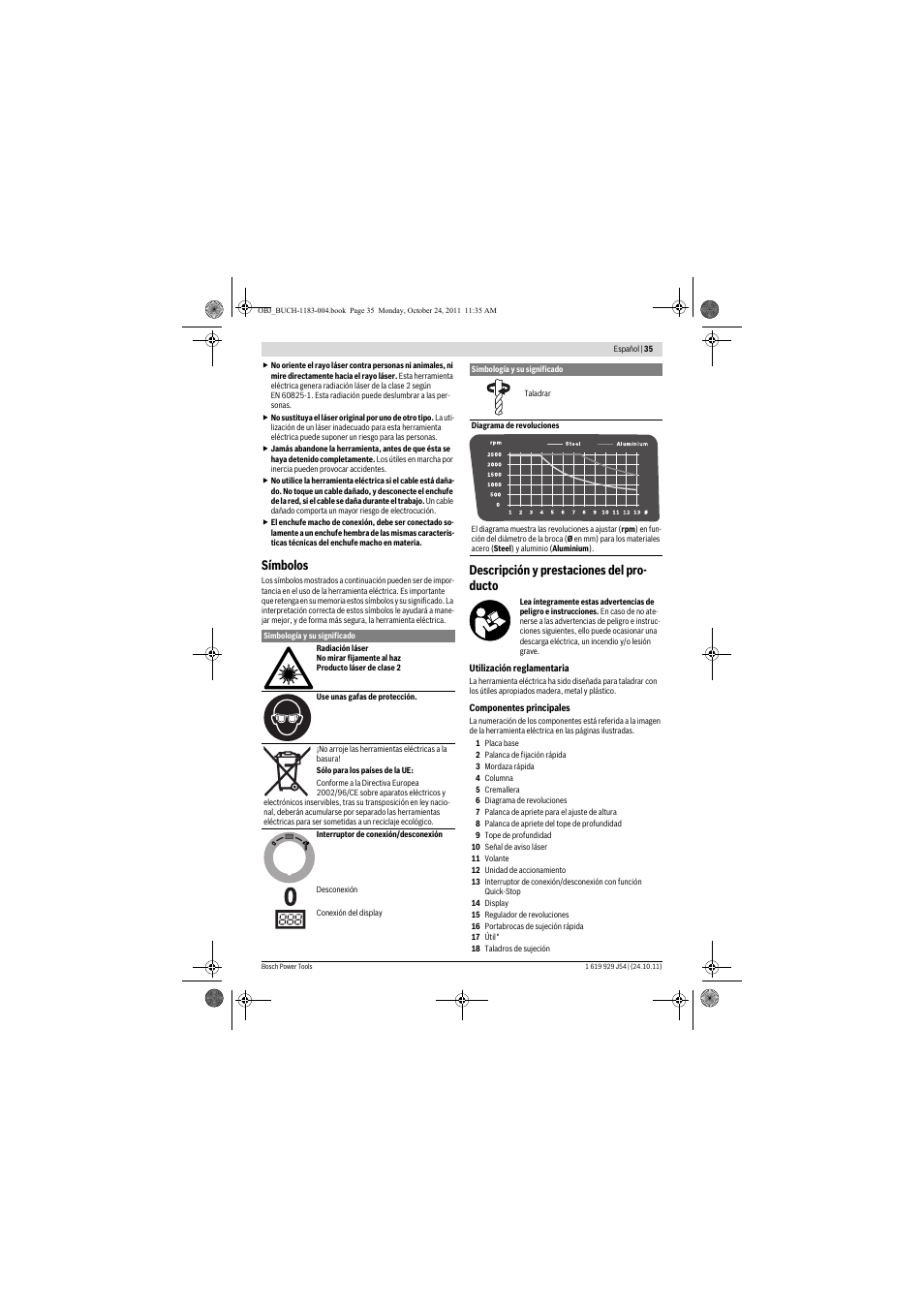 Símbolos, Descripción y prestaciones del pro- ducto | Bosch PBD 40 User Manual | Page 35 / 221