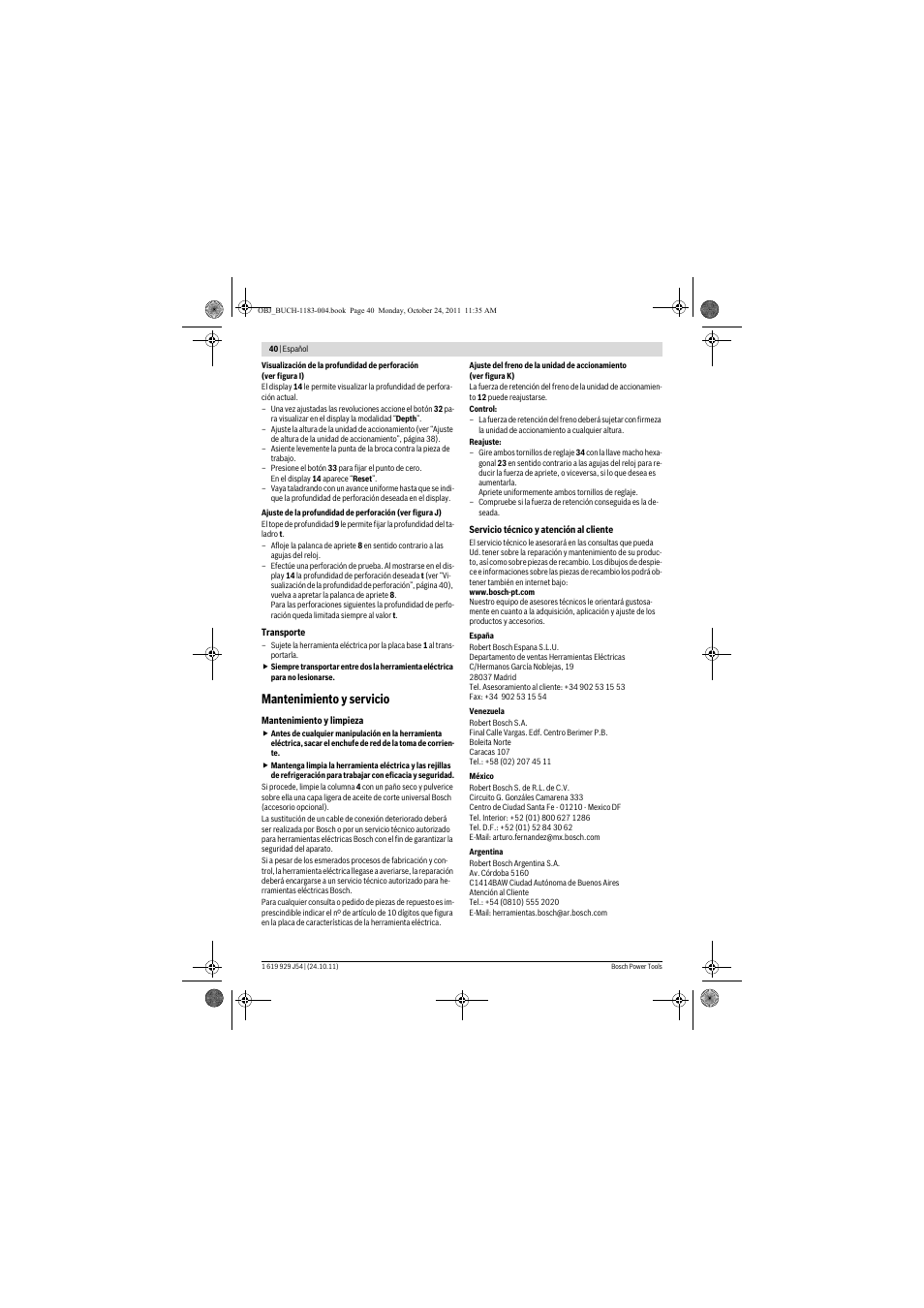 Mantenimiento y servicio | Bosch PBD 40 User Manual | Page 40 / 221