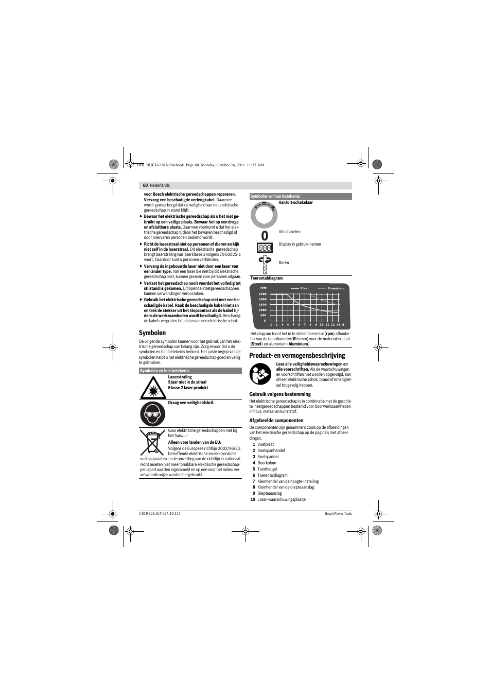 Symbolen, Product- en vermogensbeschrijving | Bosch PBD 40 User Manual | Page 60 / 221