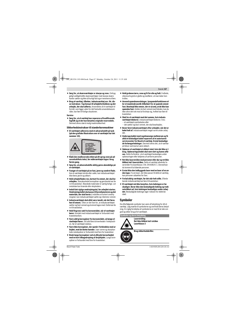 Symboler | Bosch PBD 40 User Manual | Page 67 / 221