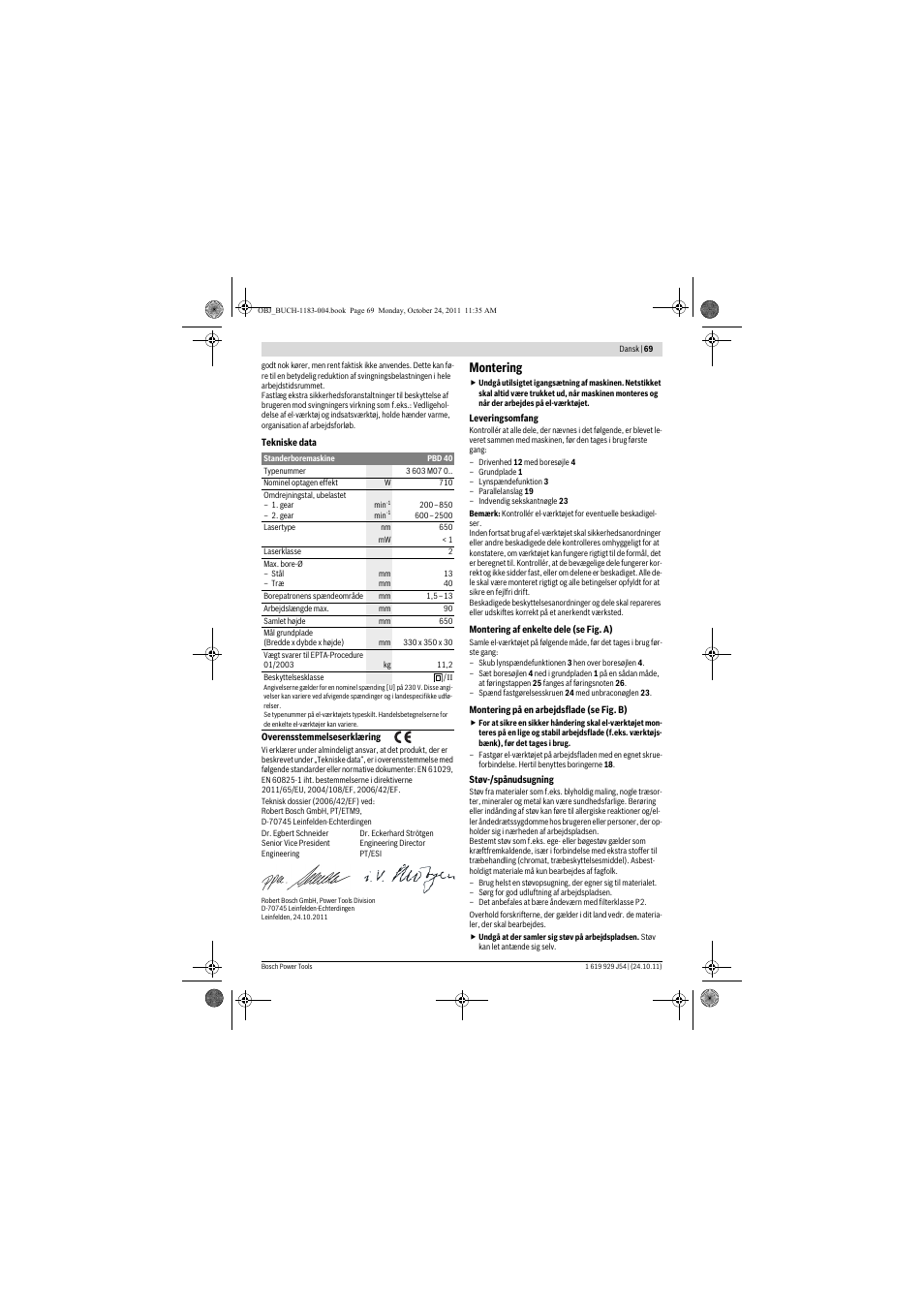 Montering | Bosch PBD 40 User Manual | Page 69 / 221