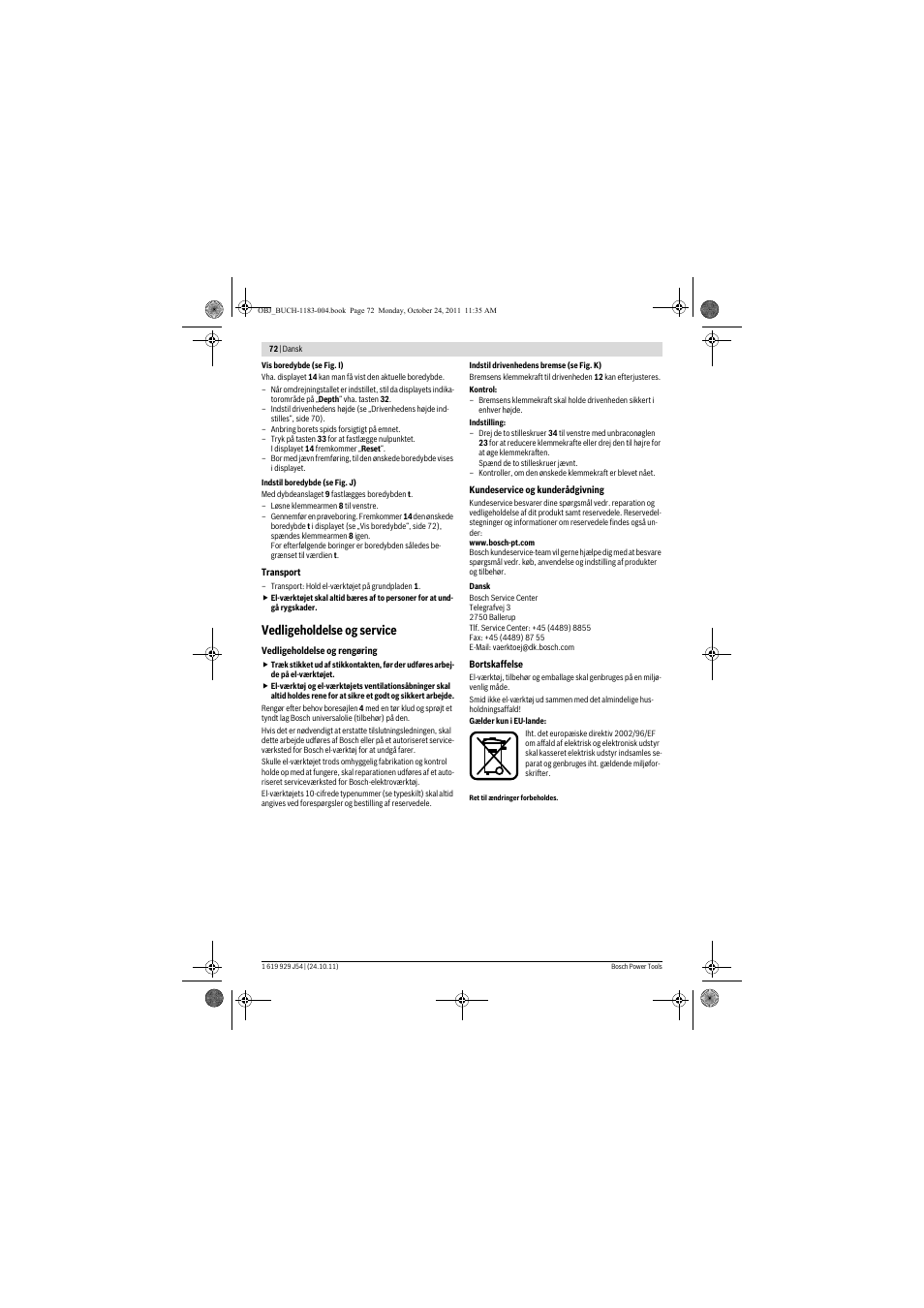 Vedligeholdelse og service | Bosch PBD 40 User Manual | Page 72 / 221